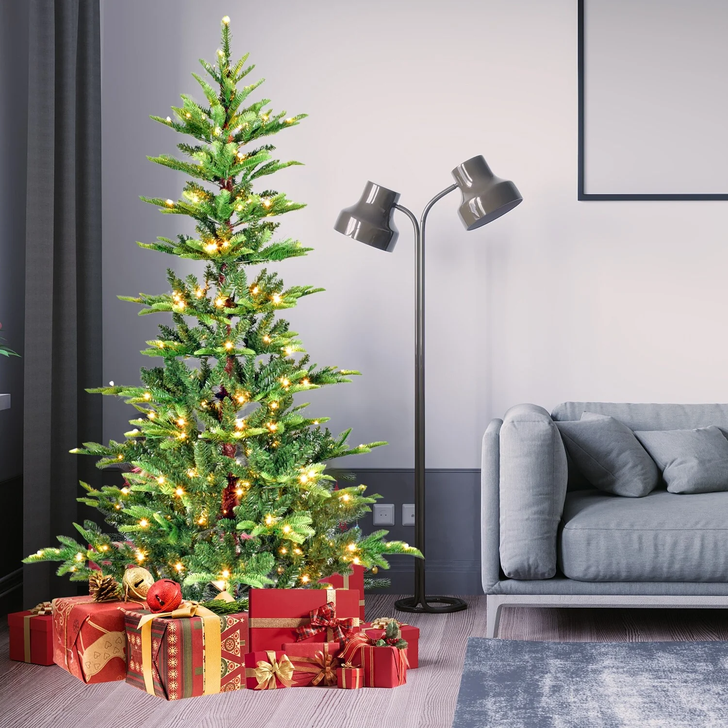 7ft Christmas Tree with 400 Warm White LED Lights,960 PE+PVC Tips,Auto-Unfold Memory Wire,Hinged Structure
