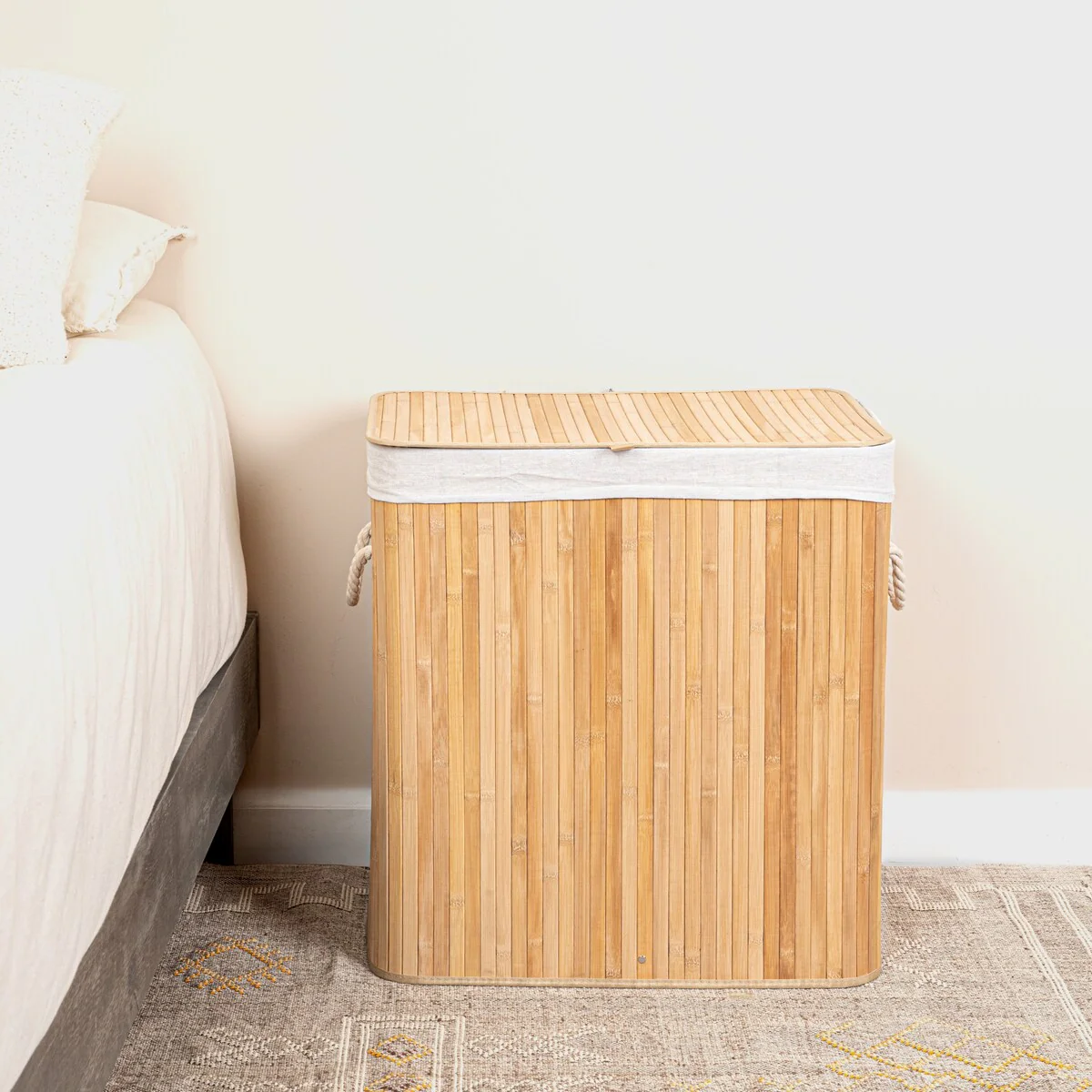 Household Essentials Bamboo Double Laundry Hamper with Rope Handles and Removable Laundry Bag