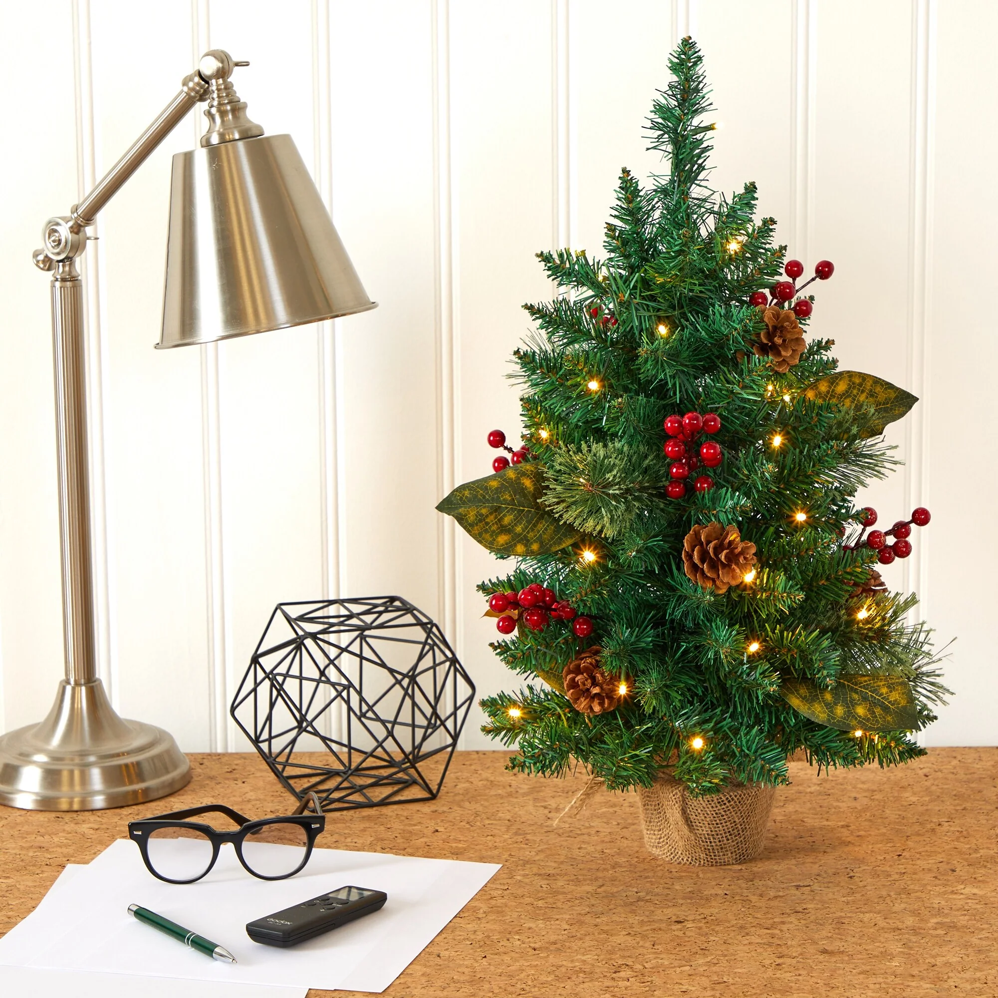 2’ Pre-Lit Potted Pine and Pinecone Artificial Christmas Tree, Clear Lights - 2 Foot