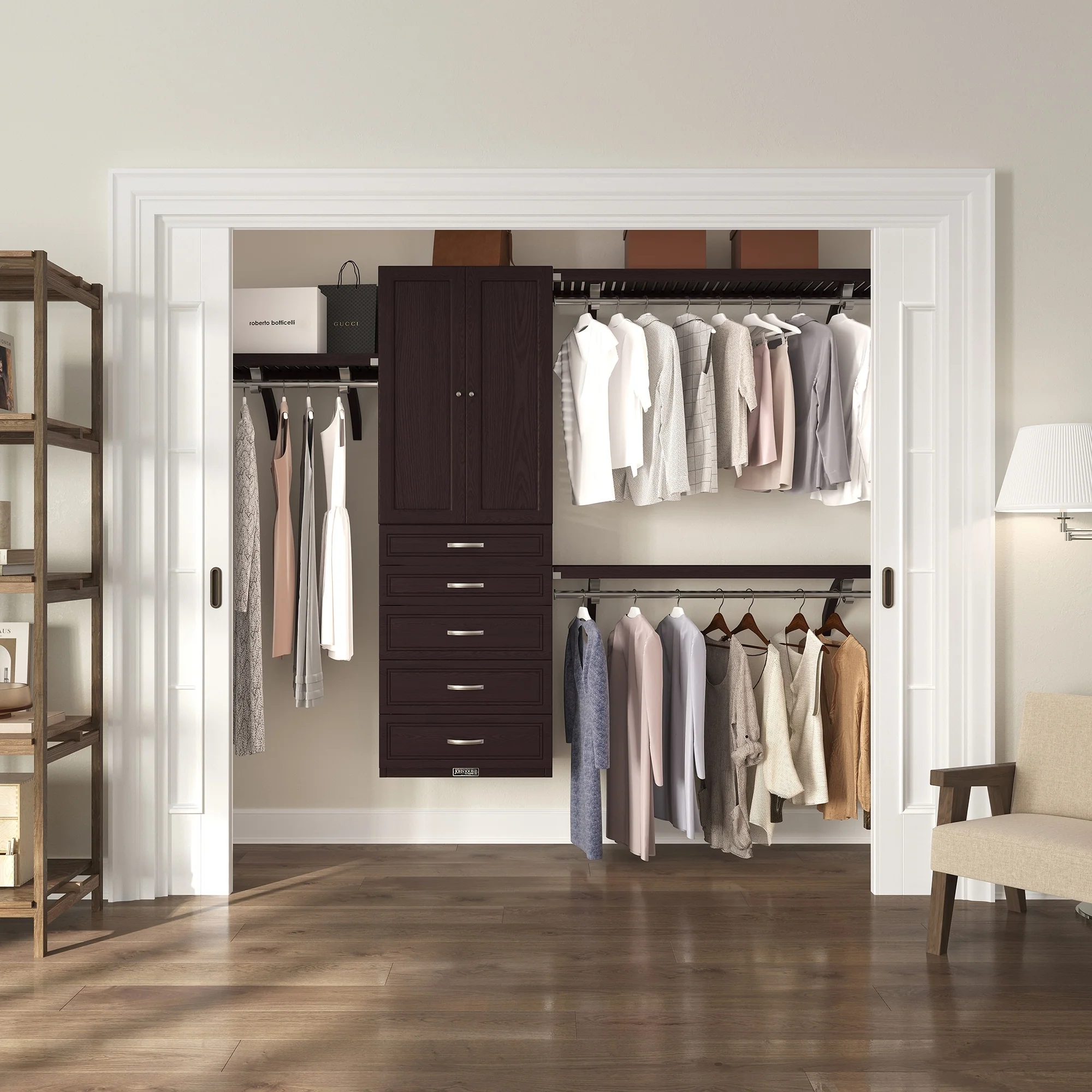 John Louis Home 16in. Deep Solid Wood 5-Drawer/Raised Panel Doors Woodcrest Deluxe Organizer Espresso