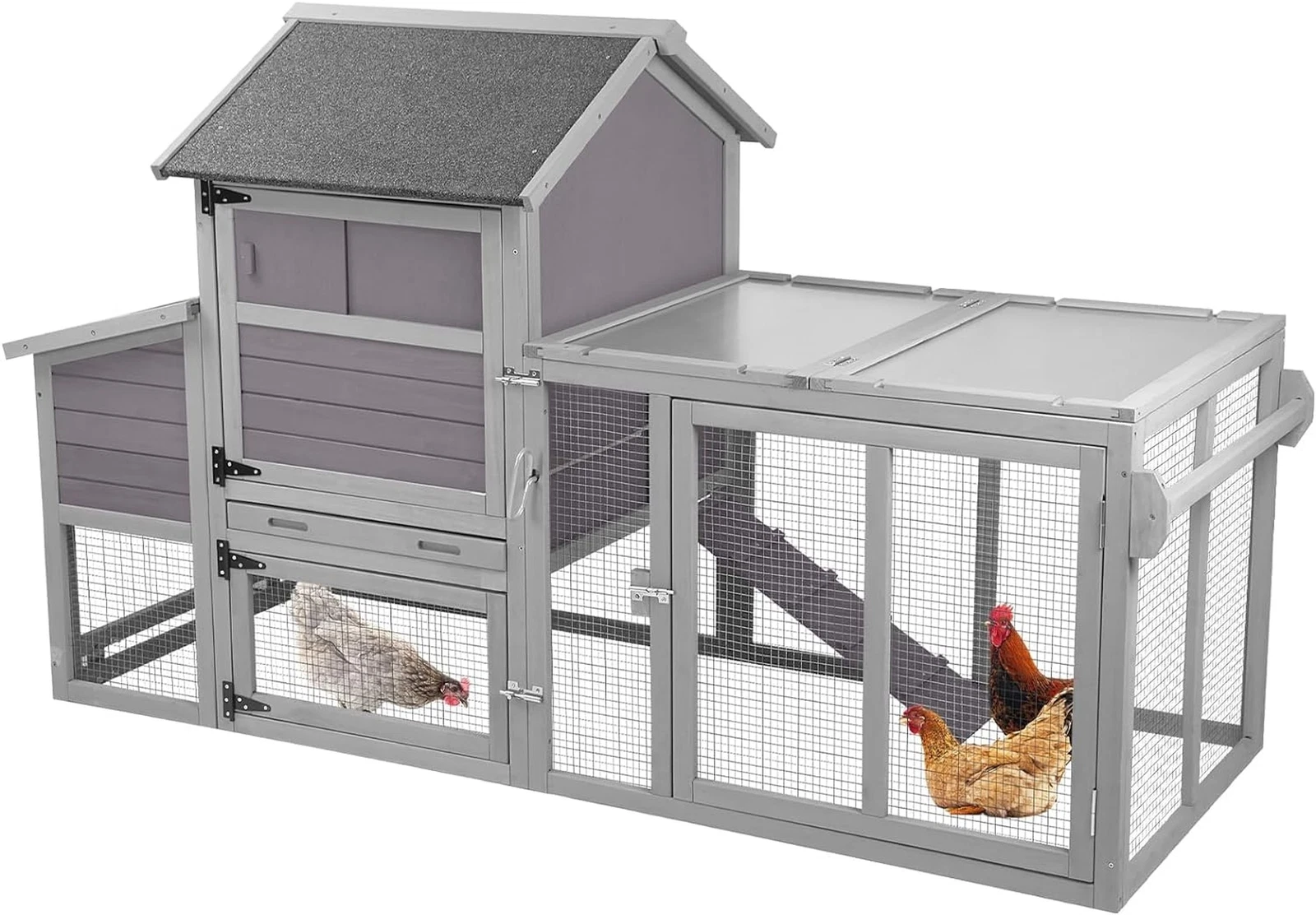 Chicken Coop for 2-4 Chickens,Outdoor Chicken House with Wheels, Nesting Box, Leakproof Pull-on Tray and UV-Resistant Roof Panel, Wooden Mobile Chicken Coop for Duck (Grey, 76 L x 29 W x 47 H)
