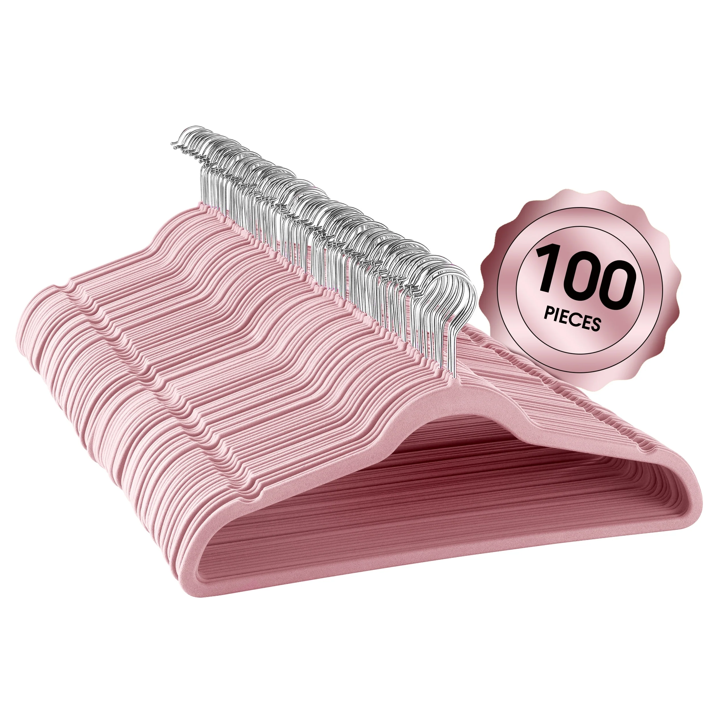 Elama Home 100Pc Velvet Slim Clothes Hangers w/ SS Swivel Hooks Pink