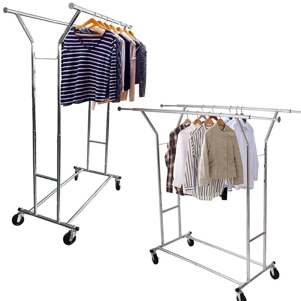 Portable Double-bar Steel Garment Rack Silver Clothes Drying Rack