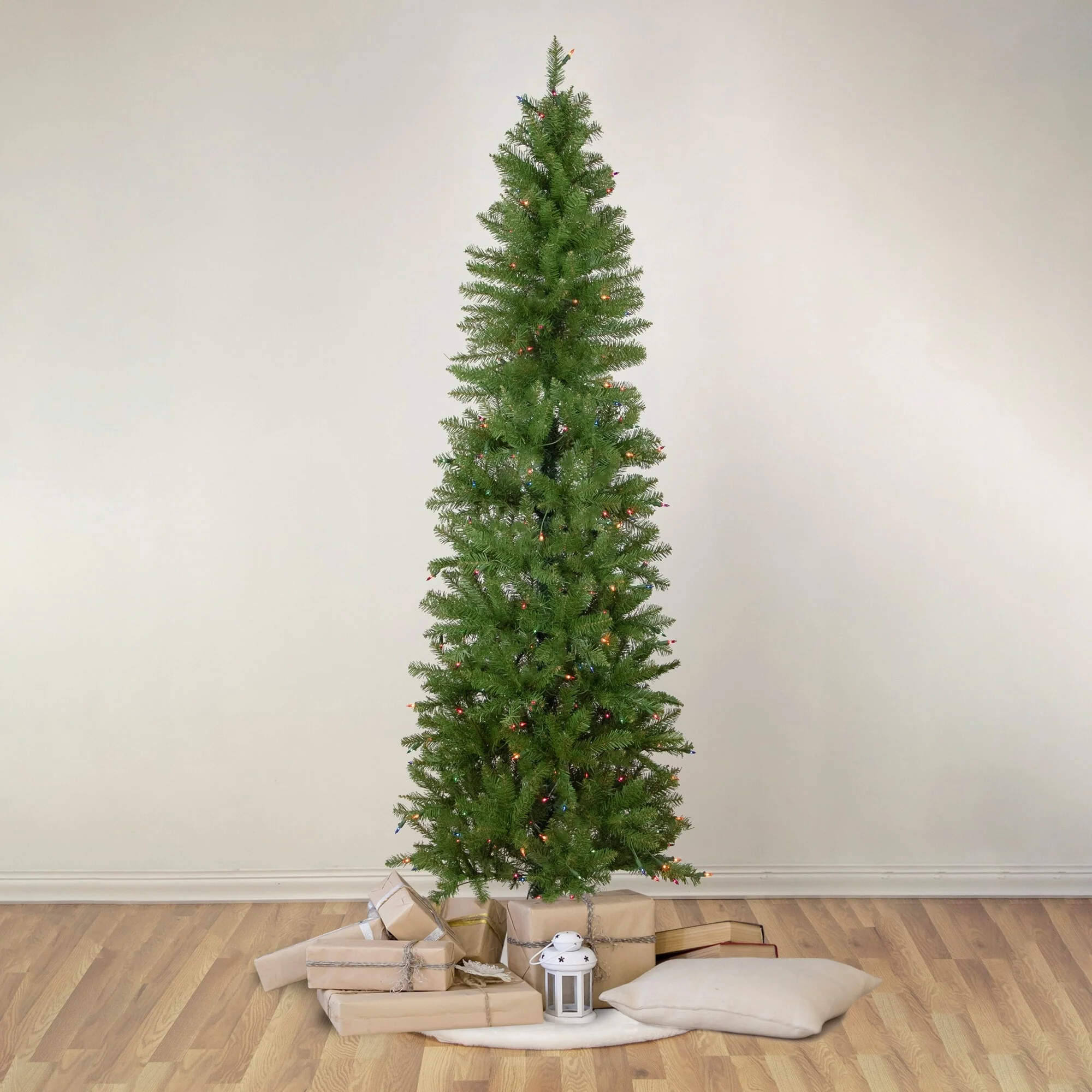 6.5' Silver Lake Fir Pencil Artificial Christmas Tree, Multi Lights - 6.5 Foot