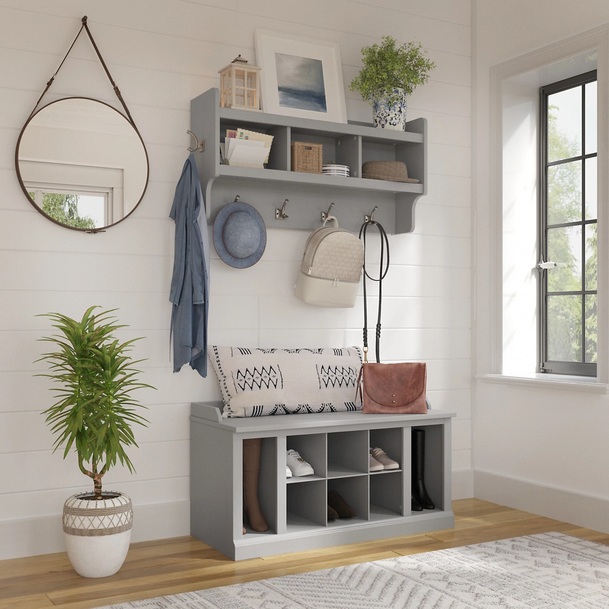 Woodland 40W Shoe Bench w/ Shelves & Wall Coat Rack by Bush Furniture