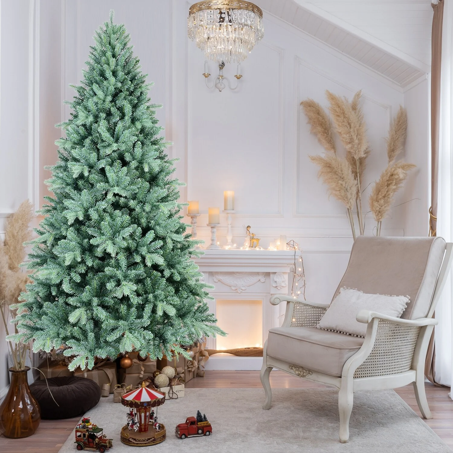 6FT Blue PE/PVC Christmas Tree-1390 Tips, Hinged Branch Design, Full Natural Look, Stable Metal Stand
