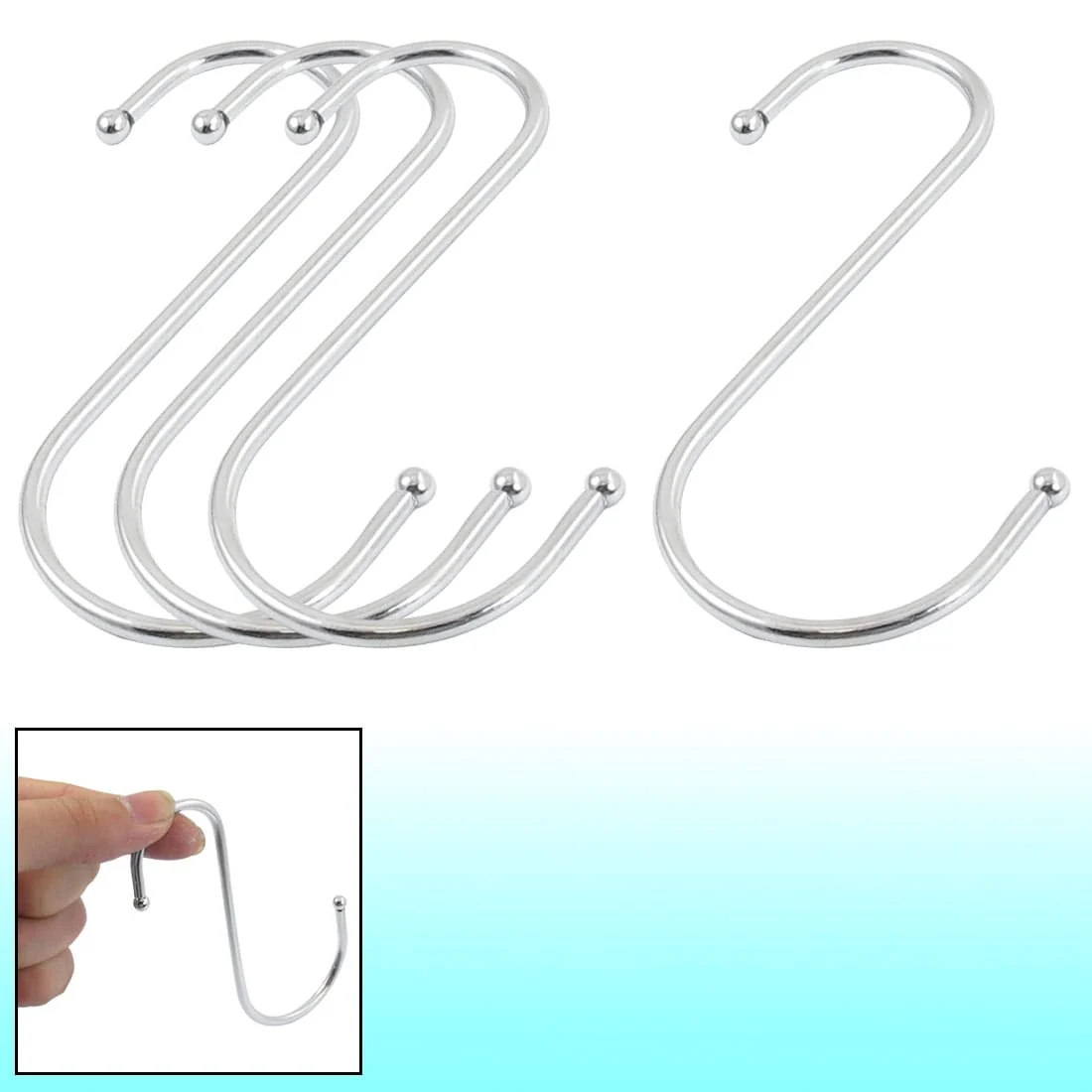 4 Pcs 105mm Metal Ball End S Shaped Hook Hanger for Clothing Baskets - Silver Tone