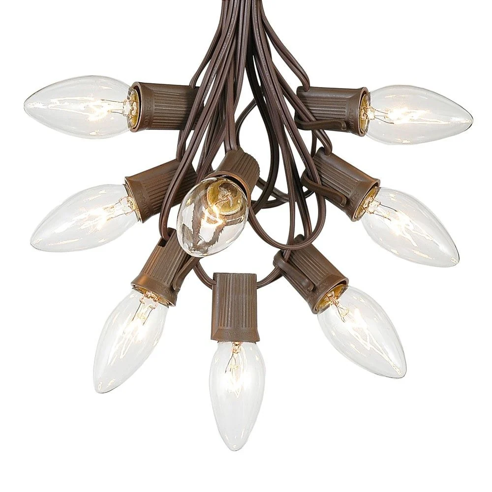 25 Foot C9 Christmas Light Set, Hanging Patio String Lights, Brown Wire
