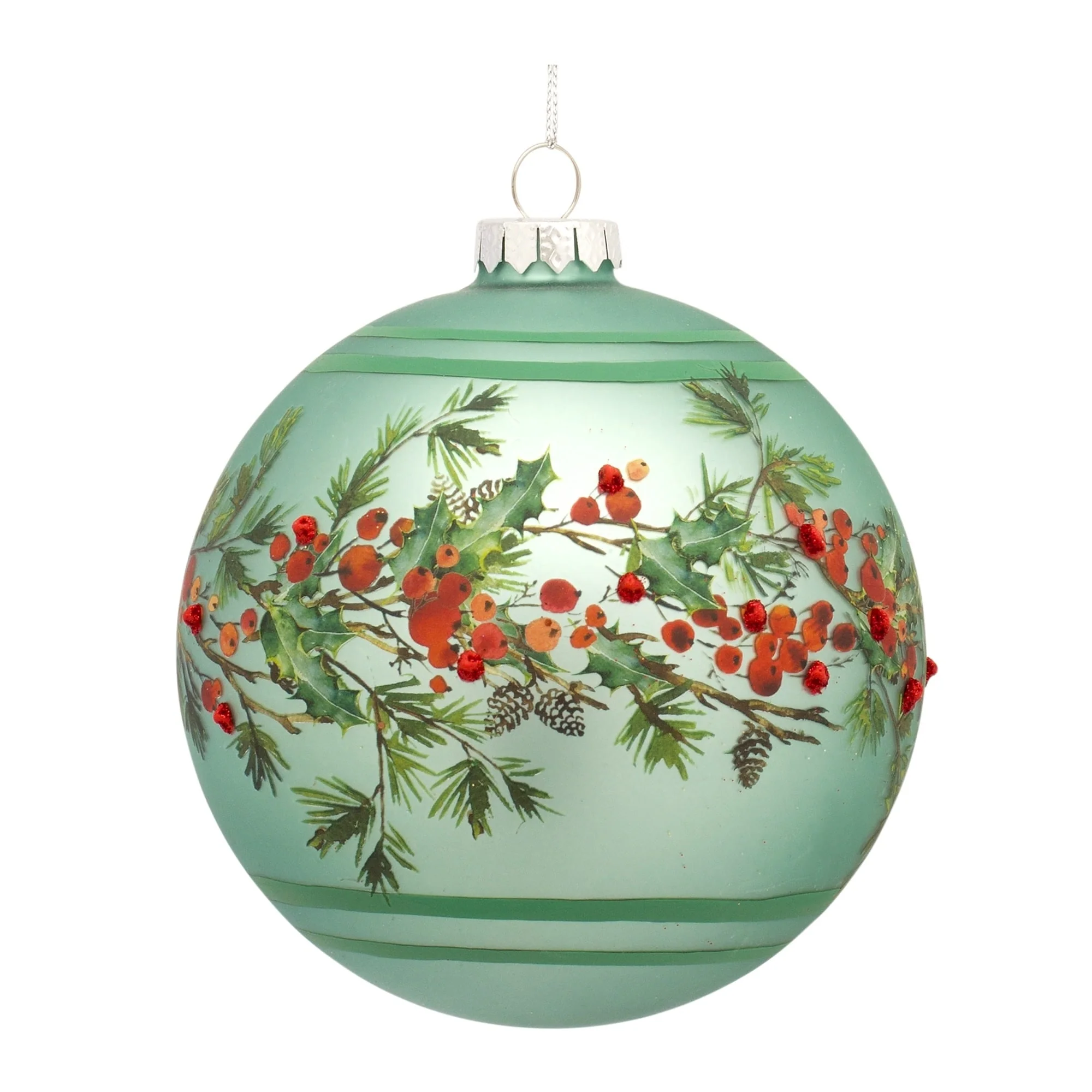 6ct Green Berry and Pine Glass Christmas Ball Ornaments 5