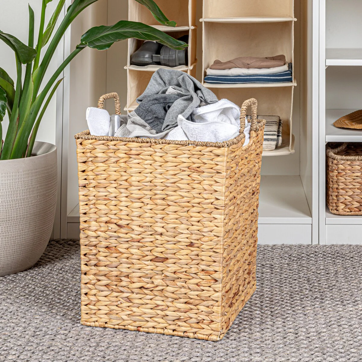 Household Essentials Handwoven Water Hyacinth and Seagrass Basket with Handles - 13.8