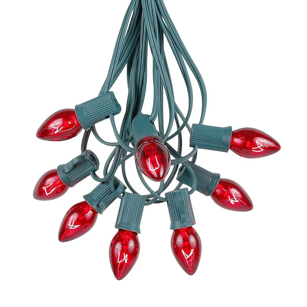 100 Foot C7 Christmas Light Set, Hanging Patio String Lights, Green Wire