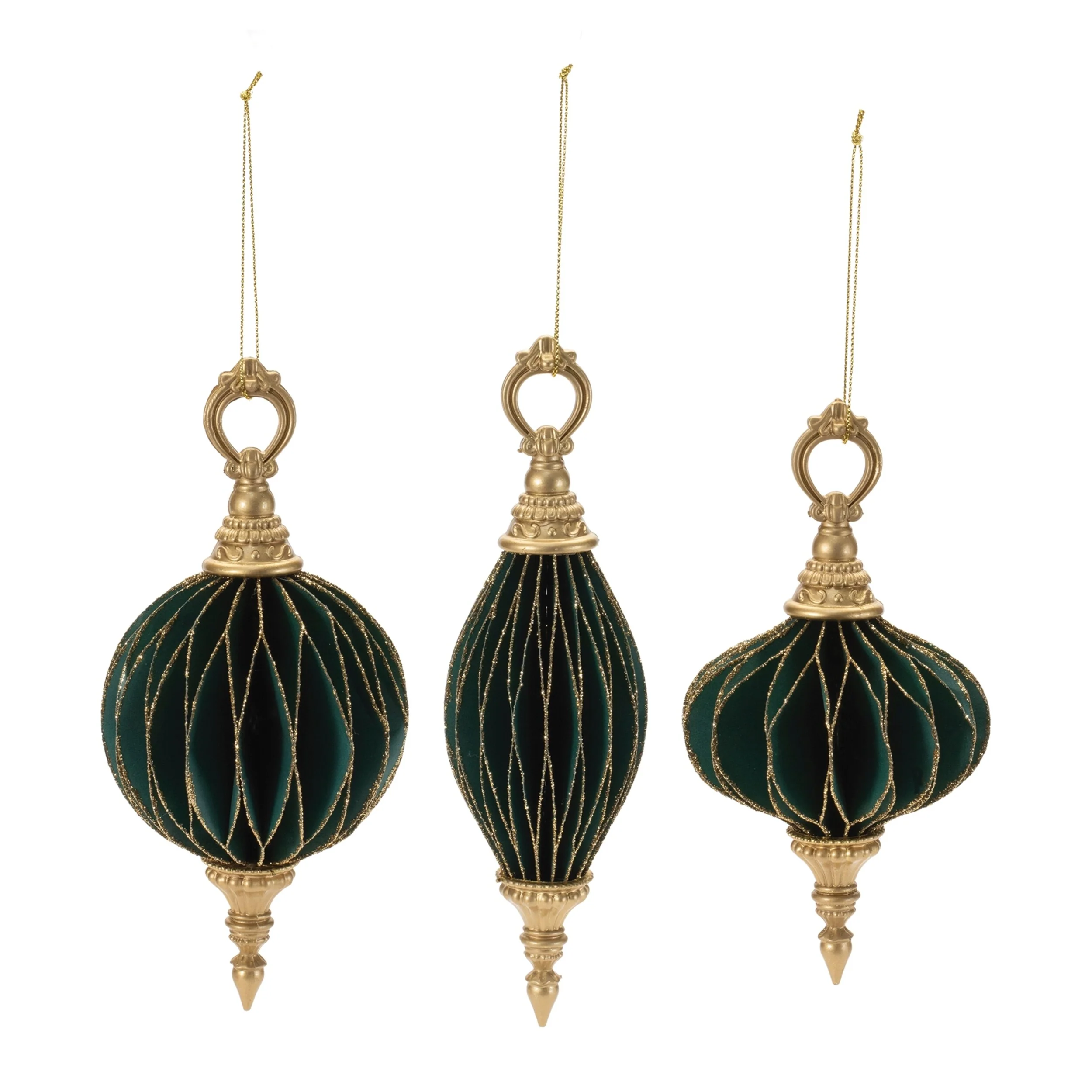 Set of 6 Green Gold Paper Ornaments in Classic Holiday Shapes - 3