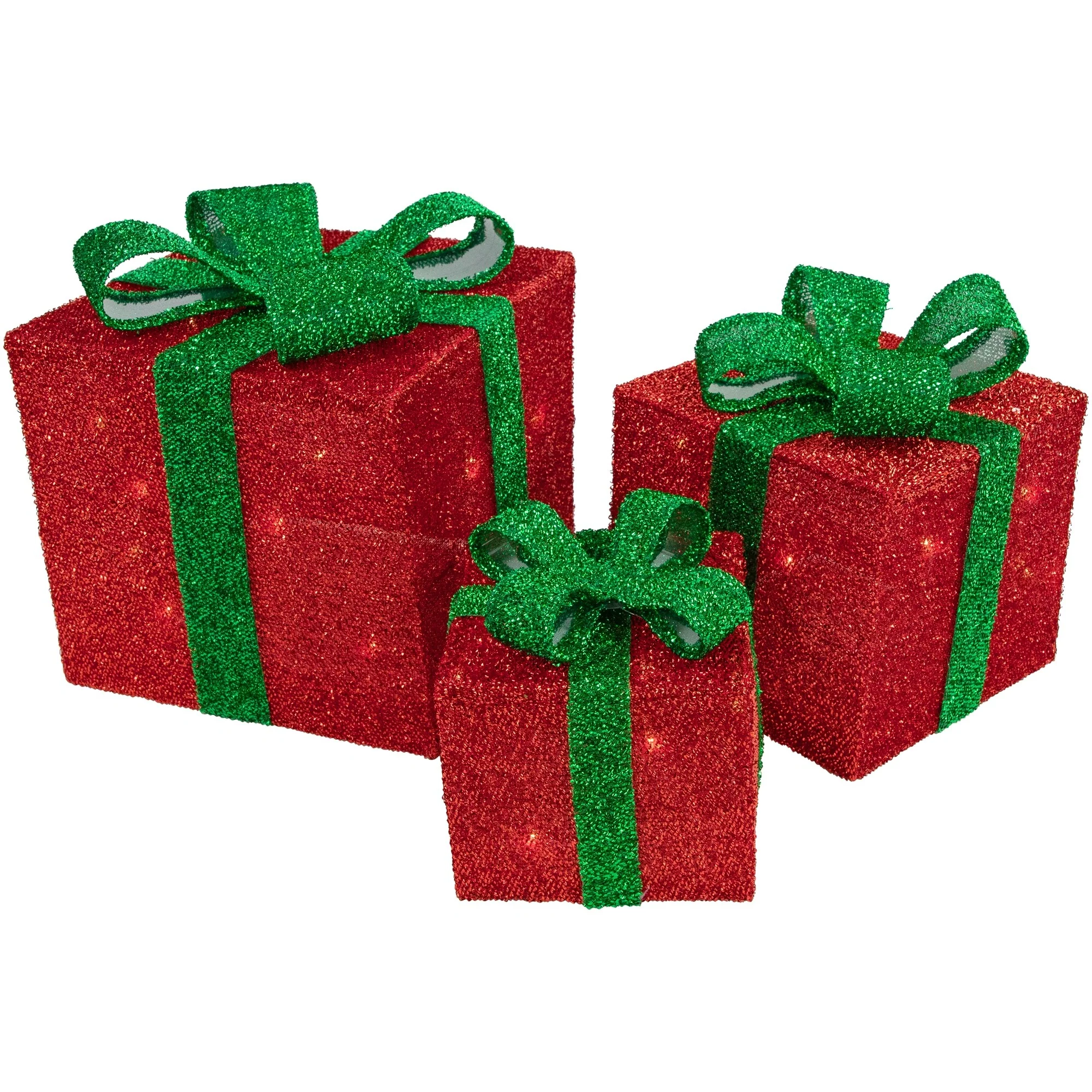 Set of 3 Lighted Sparkling Green Sisal Gift Boxes Christmas Outdoor Decorations. - 11.75