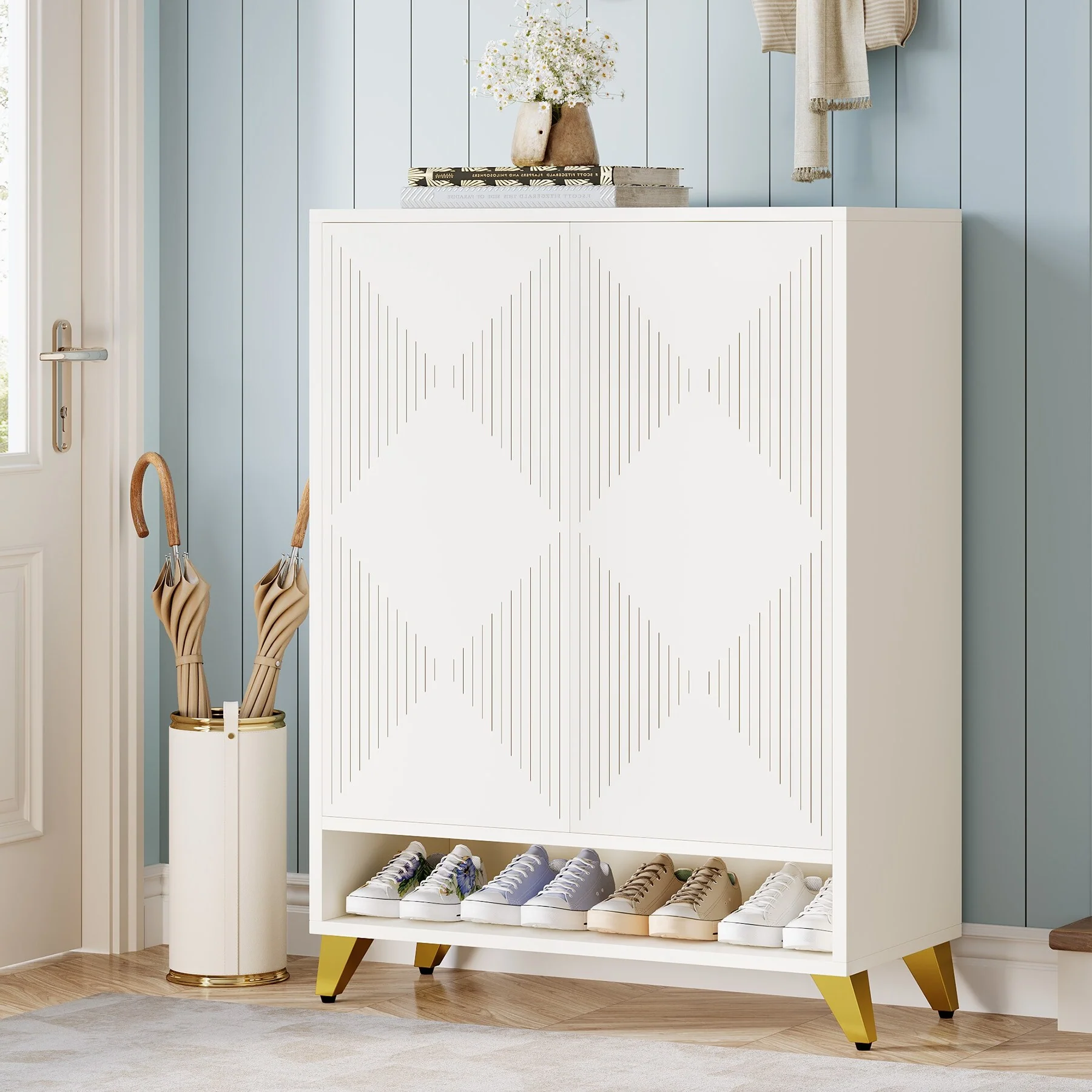 24 Pairs Large Wood Shoe Storage Cabinet with Doors for Entryway - 6-Tier