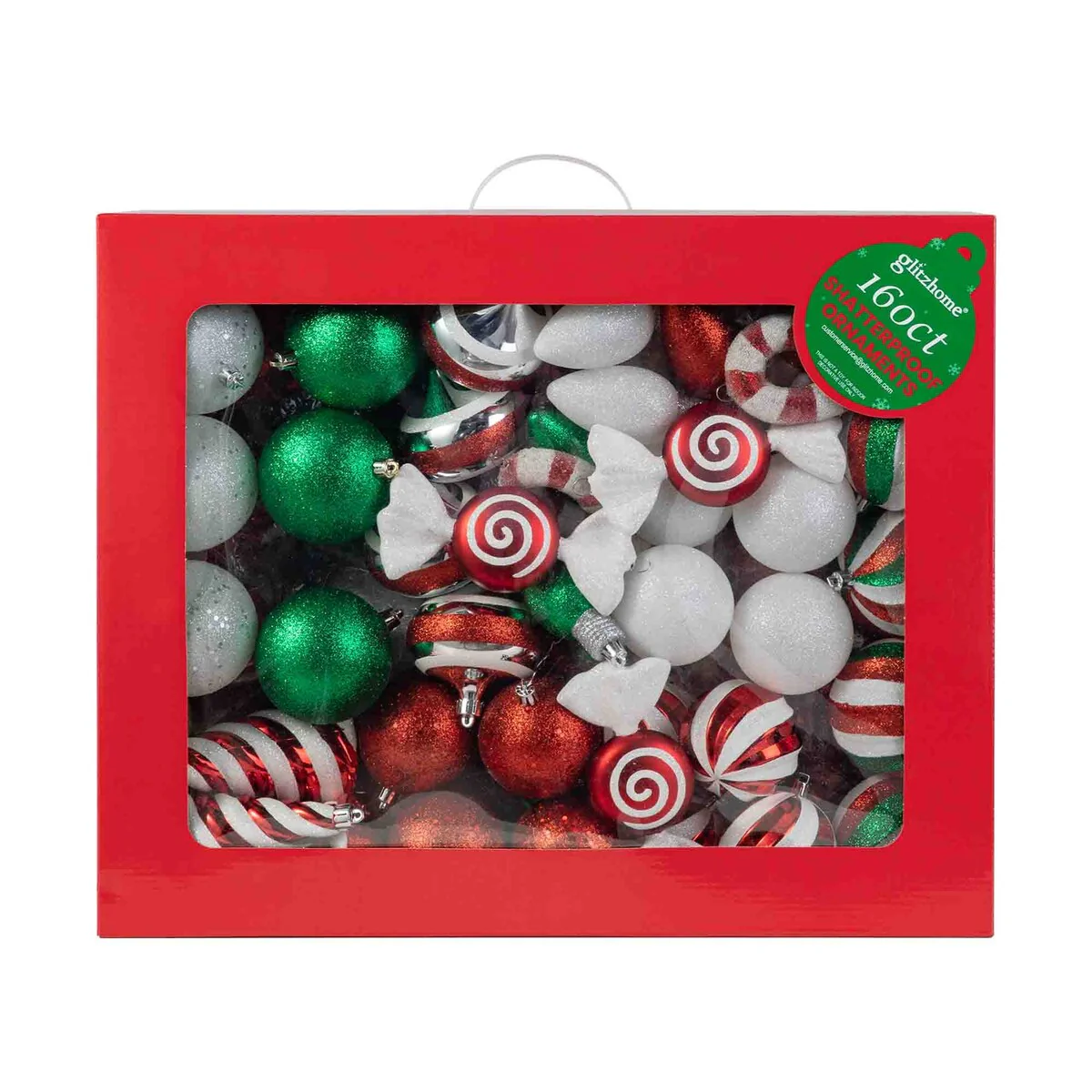 Glitzhome 178ct Christmas Ball Shatterproof Ornaments with Candy Picks & Ribbon Bow (Set of 191)