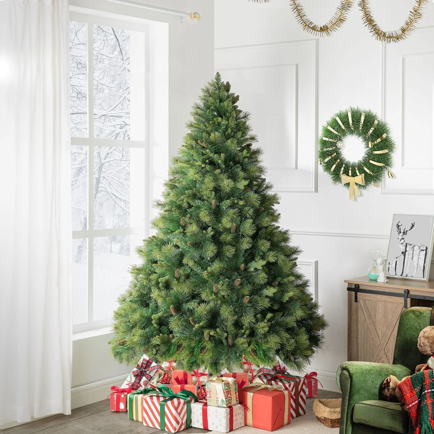 Real Tree Mimic Pre-Lit Artificial Christmas Tree with Fluffy PVC Branches, Folding Metal Base, and Easy 3-Step Assembly