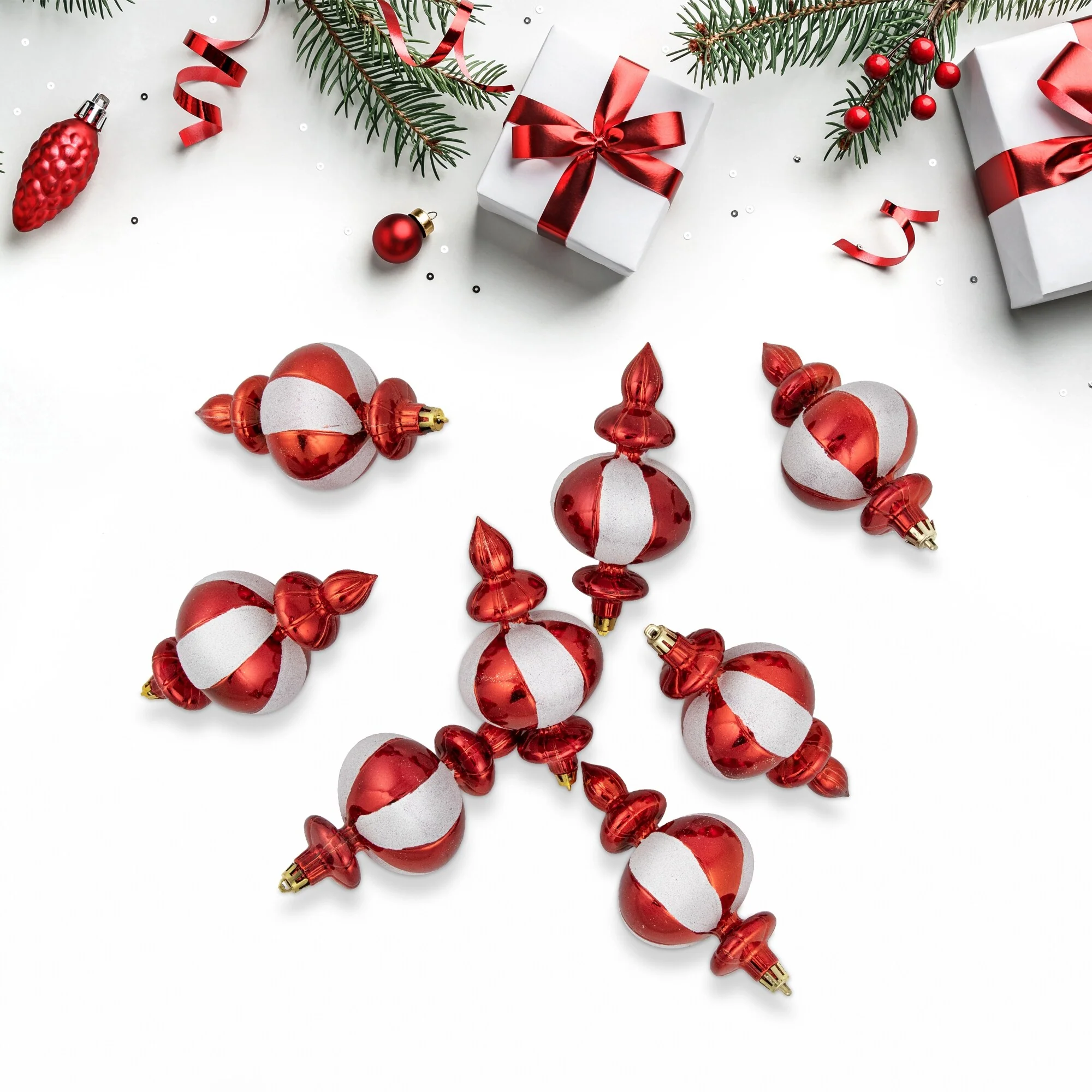 8-Count Red and White Shatterproof Finial Christmas Ornaments, 6