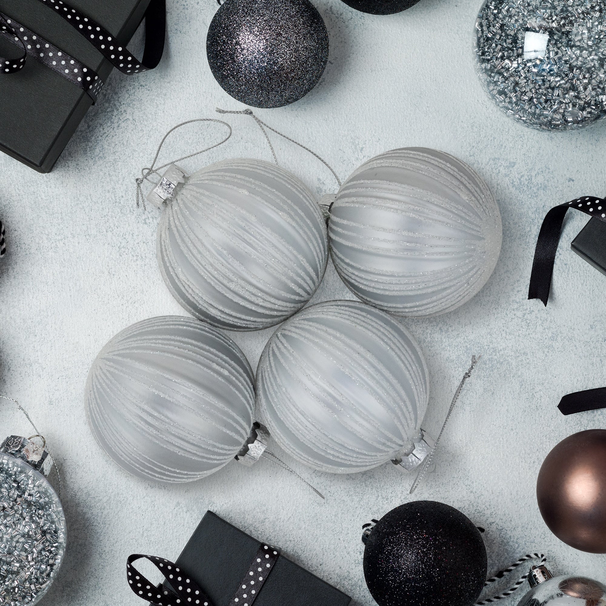 4ct Silver and White Glitter Striped Glass Ball Christmas Ornaments 3
