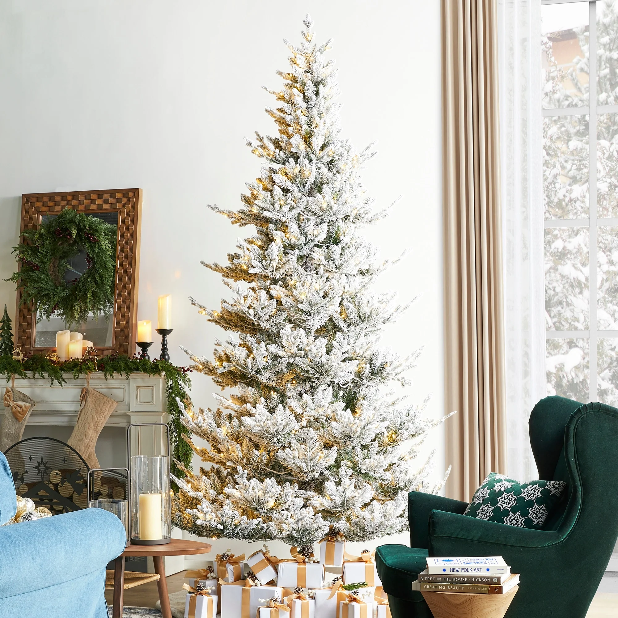 Glitzhome 7.5ft/9ft Pre-Lit Flocked Upward Slim Fir Artificial Christmas Tree with Remote Control