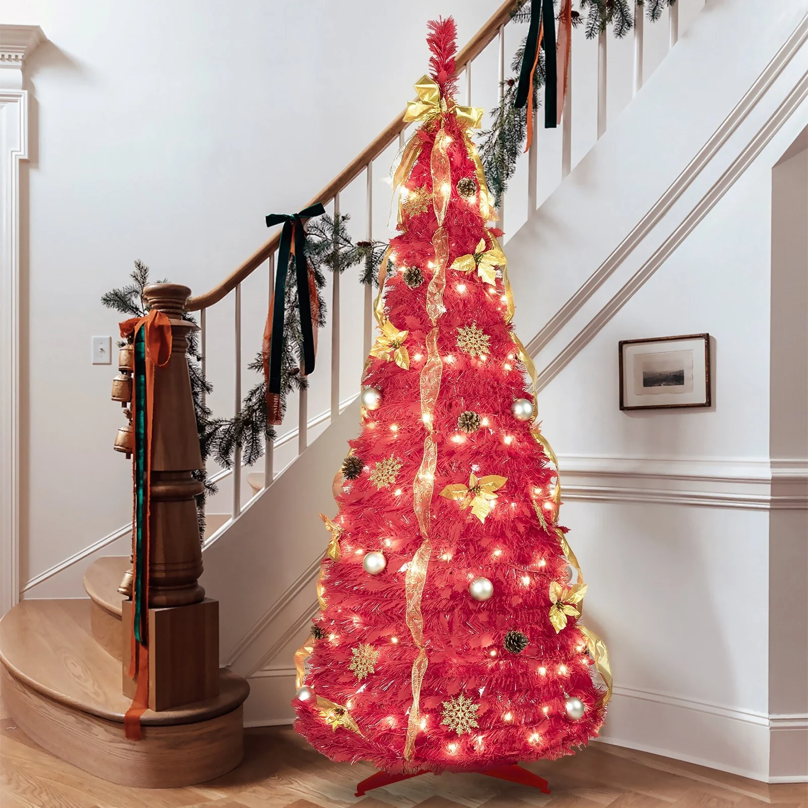 6FT Red Pop-Up Christmas Tree with 150 Warm White LED Lights,Included-4 Ribbons,Bow,Flowers,Snowflakes,Pine Cones&Balls