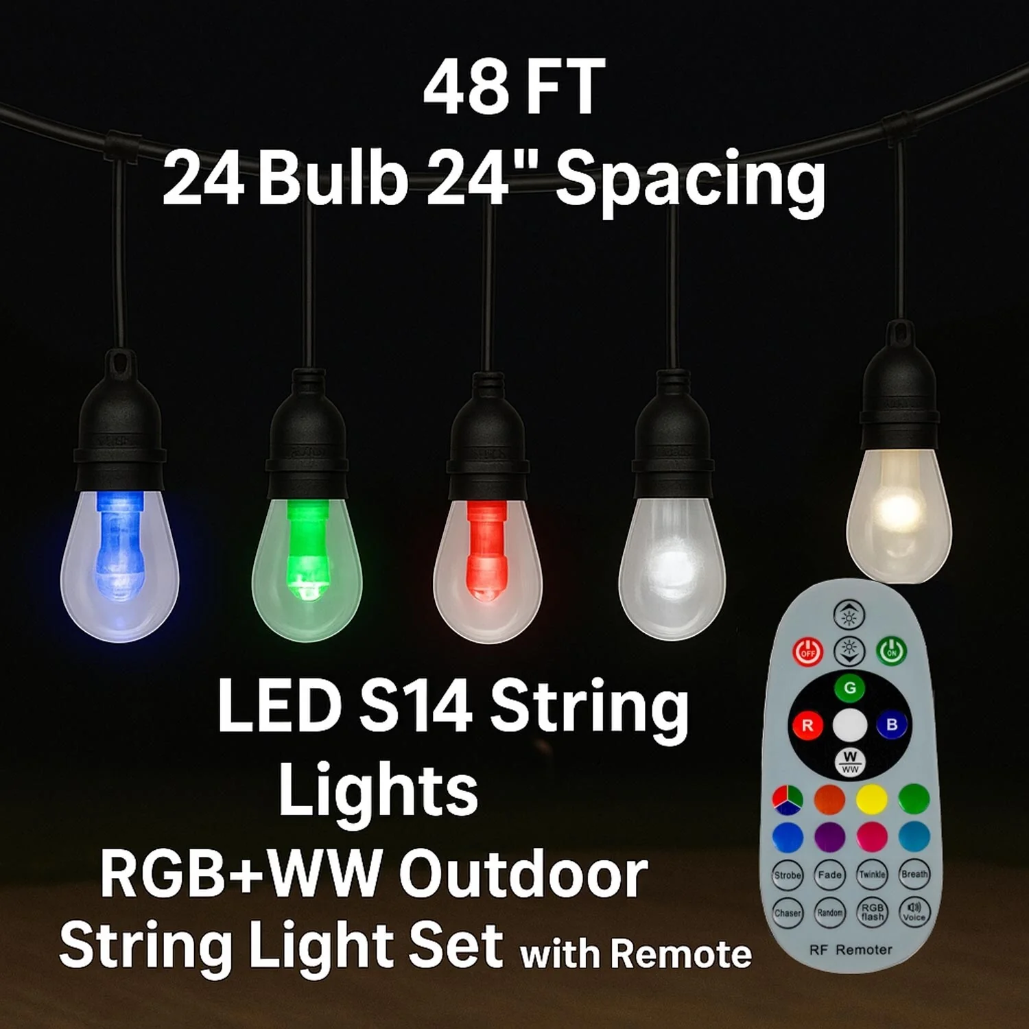 48FT S14 RGB+WW LED Color Changing Christmas String Light Set, White Wire - WHITE WIRE