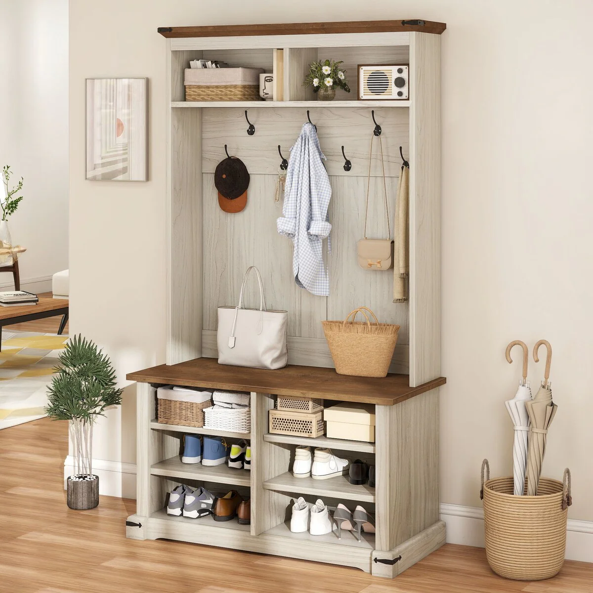 Moasis Hall Tree Coat Rack with Bench Shoe Storage w/ 10 Hooks for Entryway