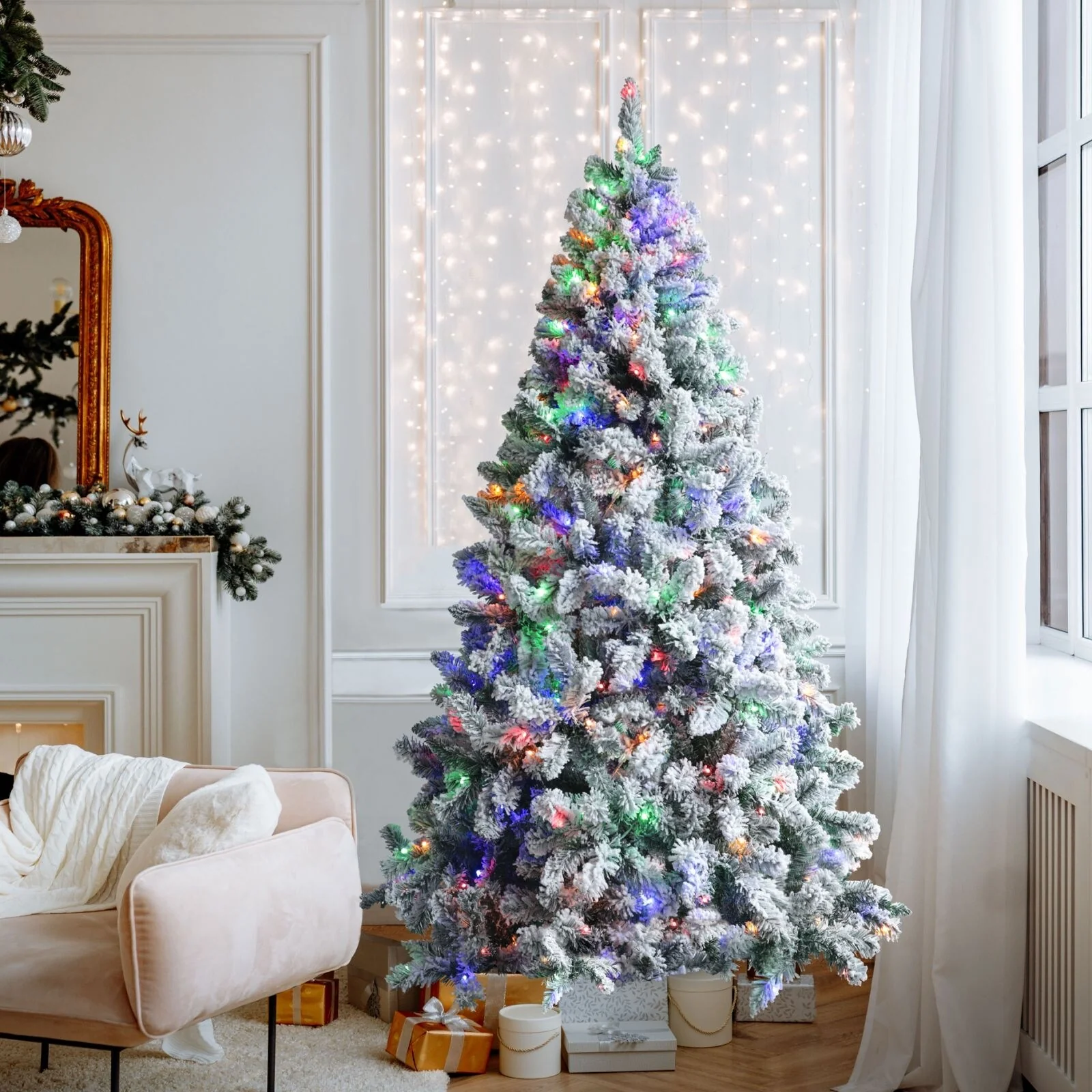 VEIKOUS 6.5FT/7.5FT Pre-lit Christmas Tree Snow Flocked/Artificial with Lights and Metal Stand