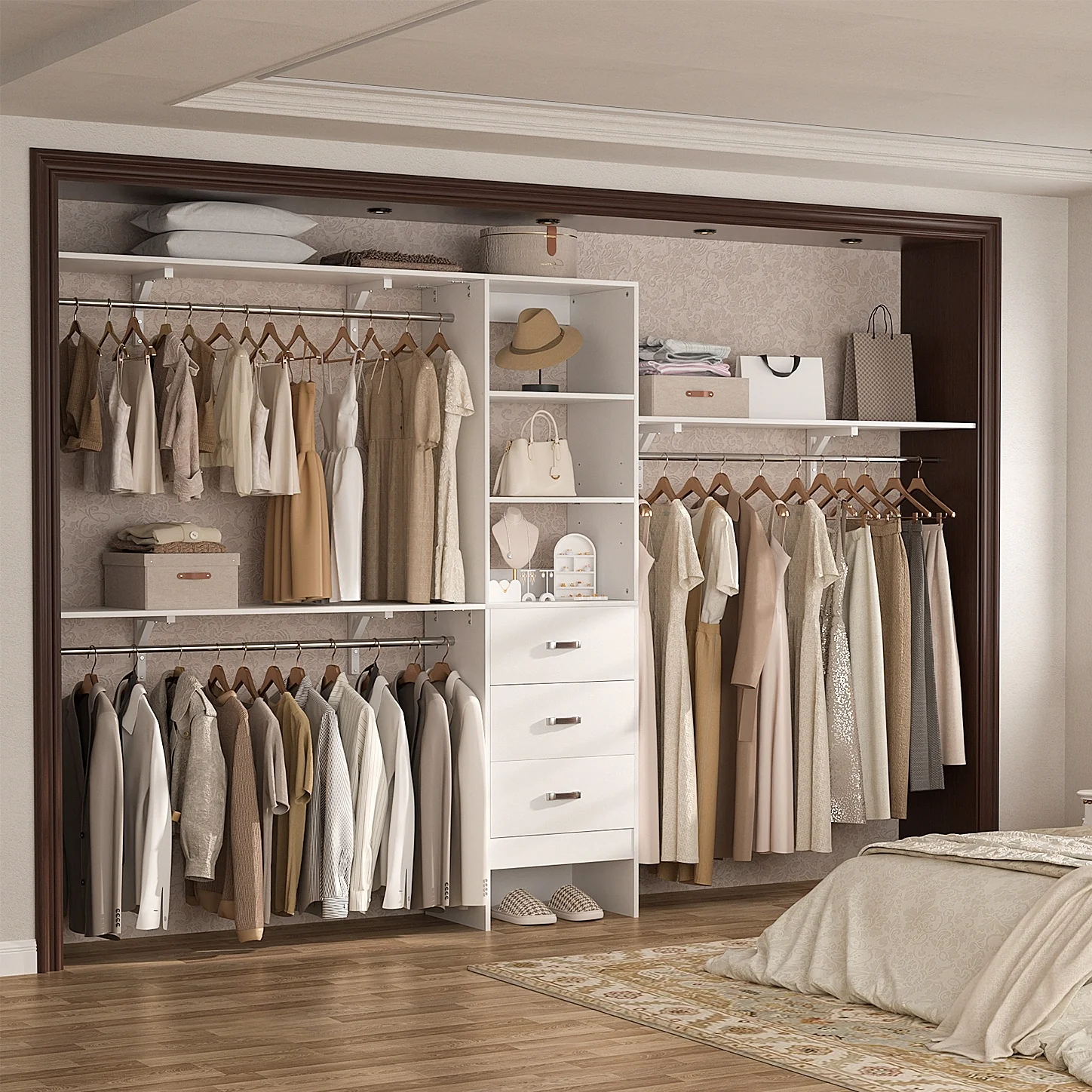 Rackcog 120'' Closet Organizer with Drawers, Closet System with DIY Shelves for Reach-in and Walk-in Closet