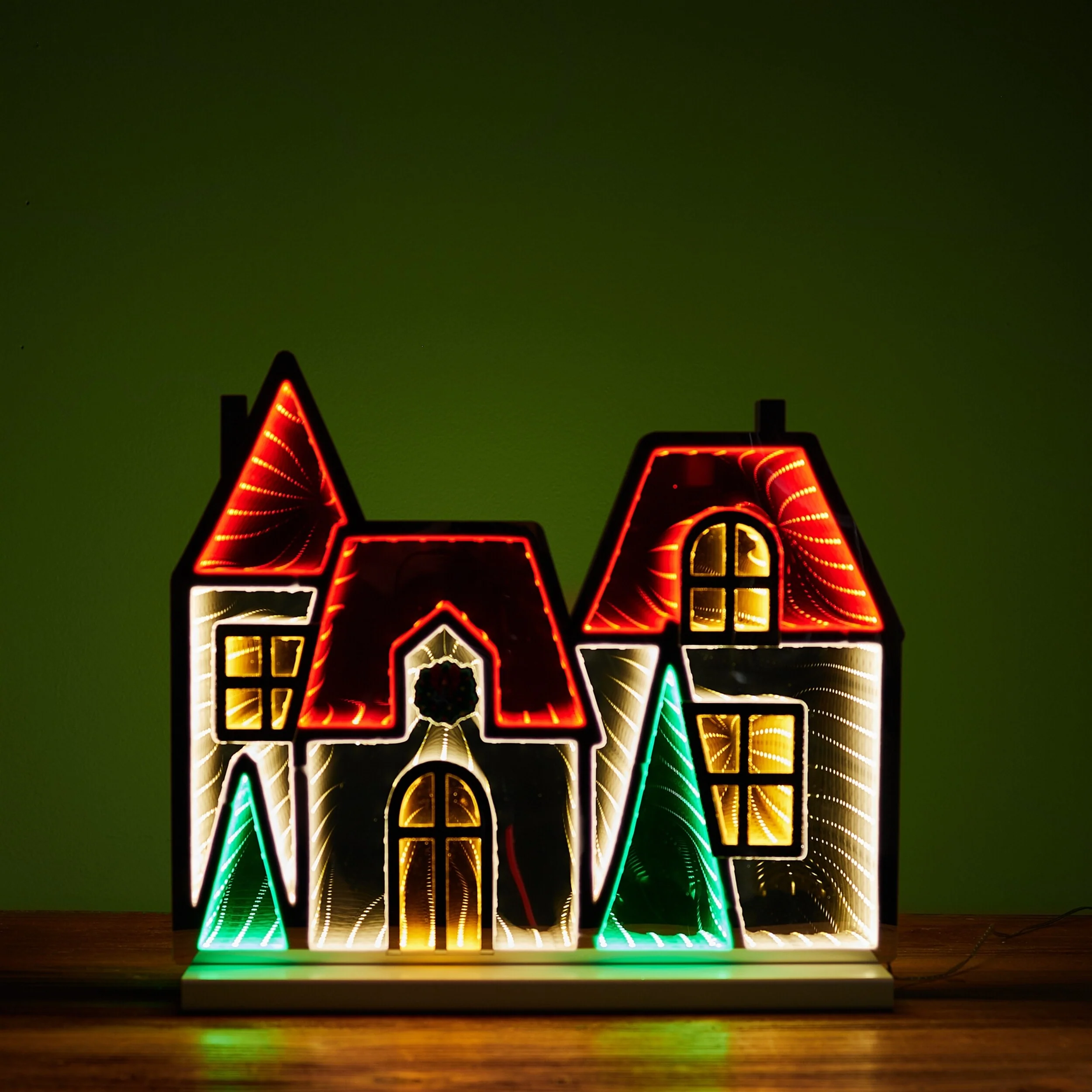 Acrylic Winter Village House with Infinity Lights and Pine Accents - 16” x 4” x 14.5” (L x W x H)
