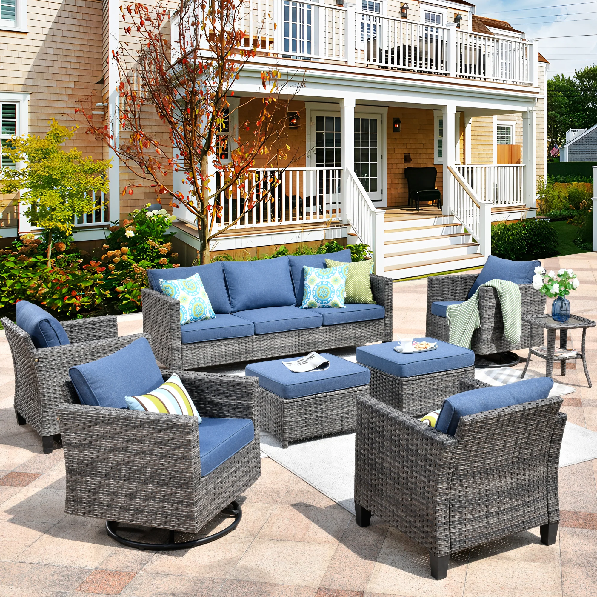Ovios Patio Conversation Set 8-Piece with Swivel Rocking Chairs and Table