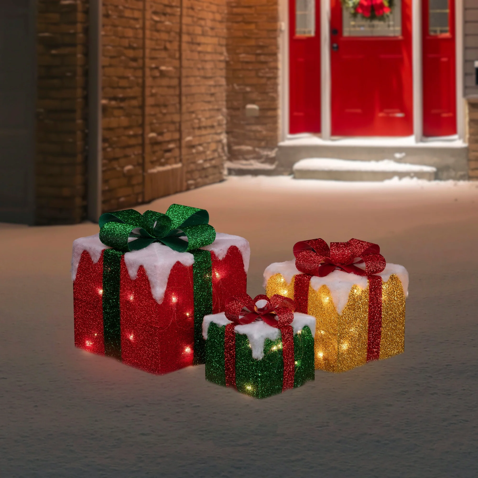 3 LED Green, Gold Red Snowy Gift Boxes Outdoor Christmas Decorations