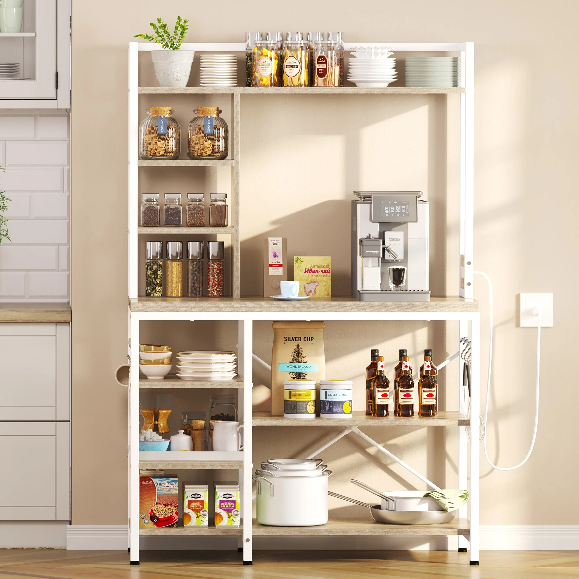 Moasis Kitchen Bakers Rack Utility Storage Shelf with Power Outlets Microwave Oven Stand