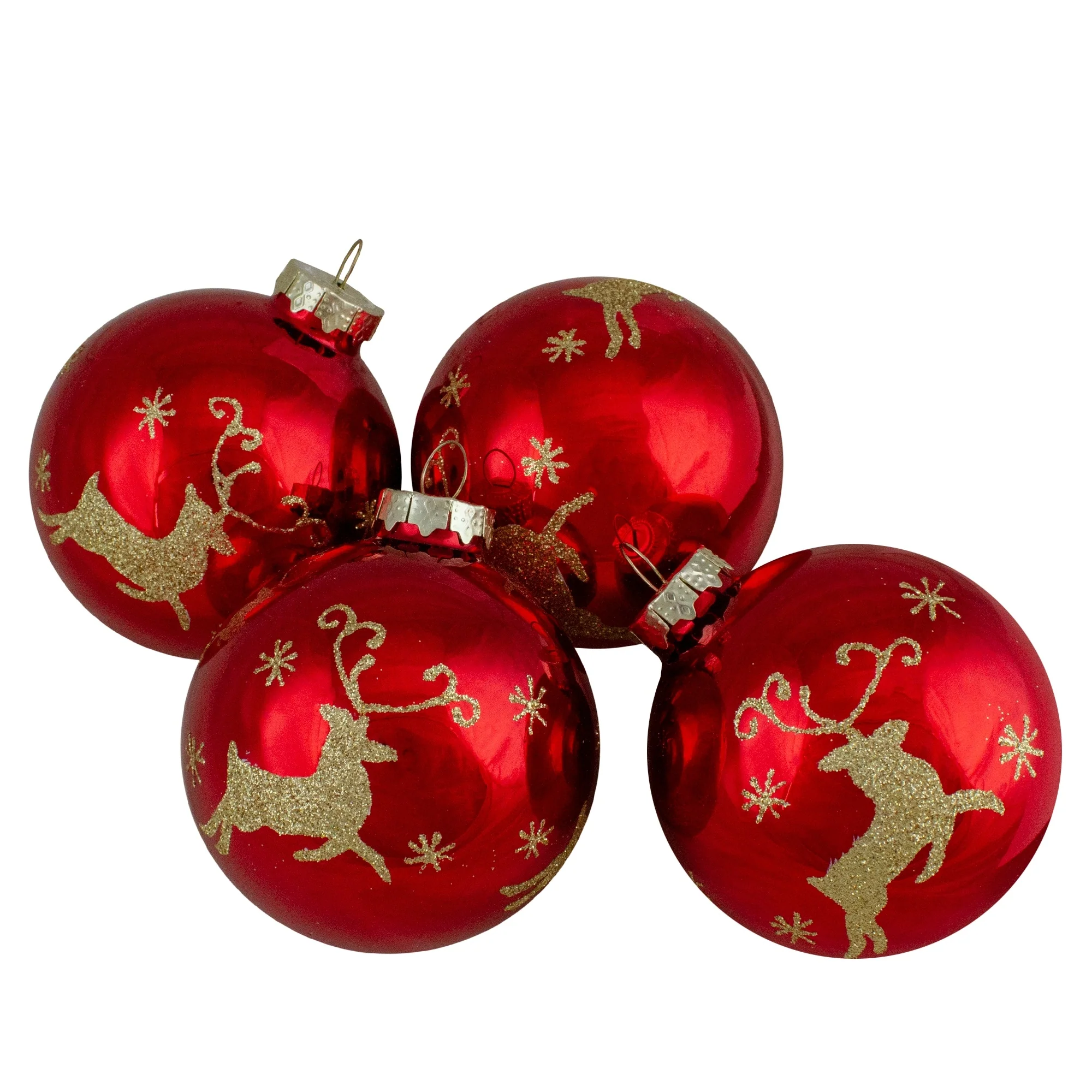 Set of 4 Red Gold Deer Glass Ball Christmas Ornaments 3.25