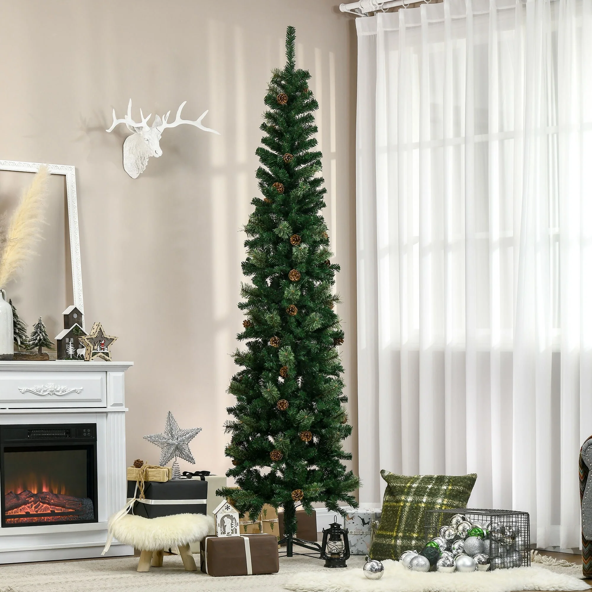 Slim 7.5' Green Christmas Tree with Pine Cones and Metal Base, Unlit with Realistic Branches
