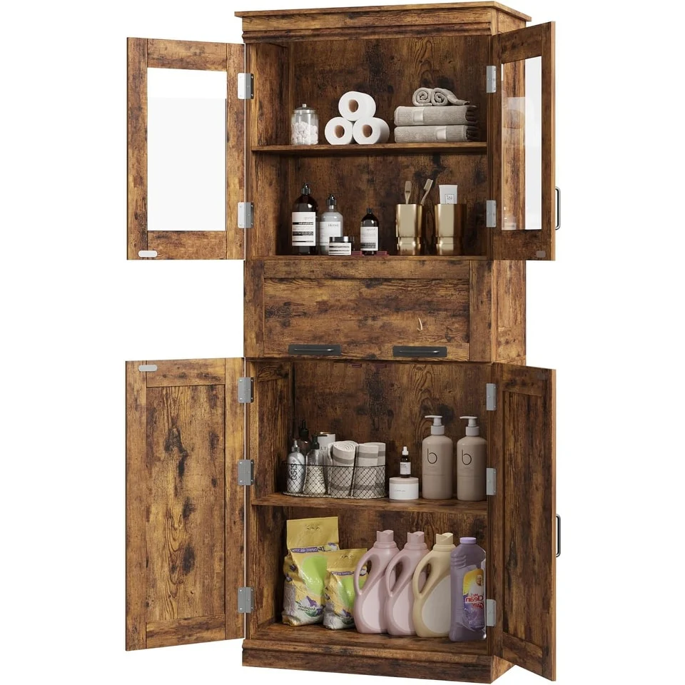 Tall Bathroom Cabinet, Freestanding Storage Cabinet with Glass Doors