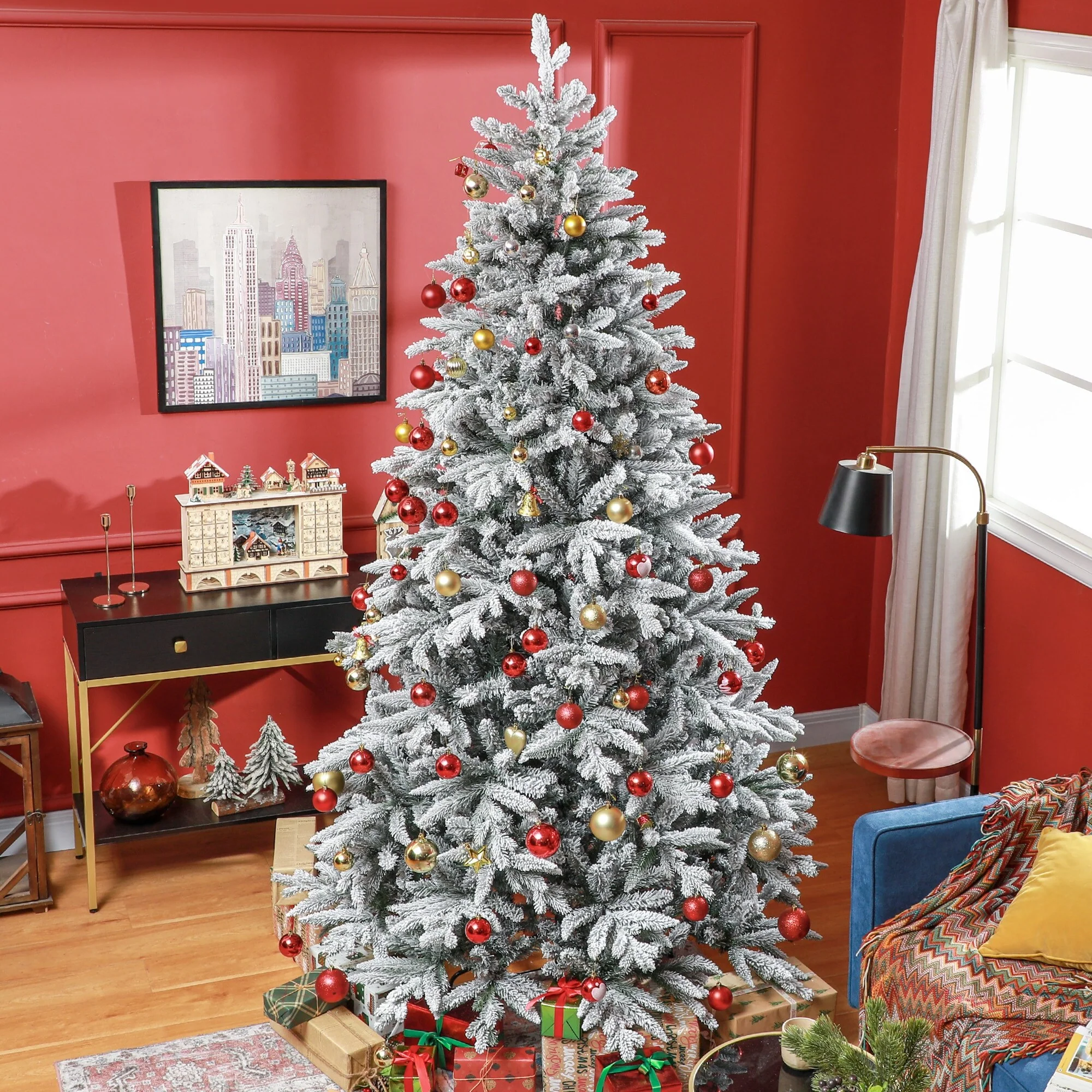 8ft Flocked Artificial Christmas Tree with 2003 Branch Tips, Hinged Sections, and Stable Metal Base for Holidays