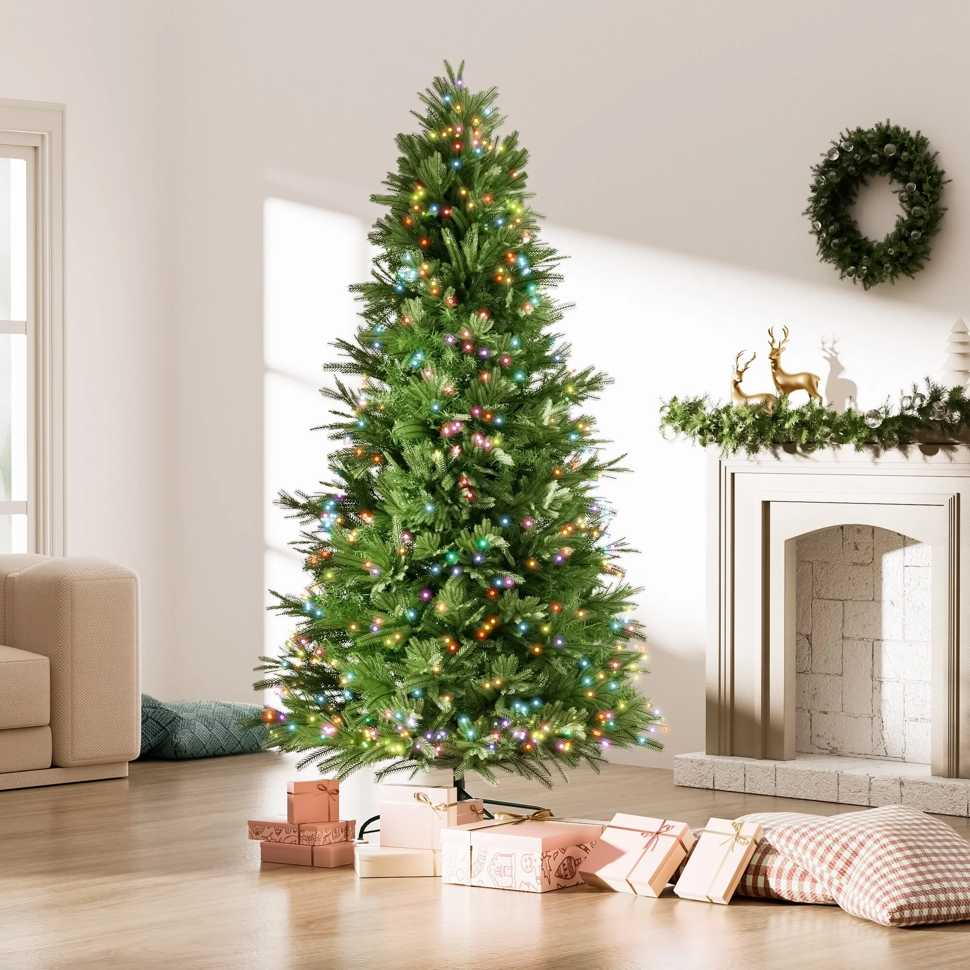 Pre-lit 6.5ft Evergreen Balsam Christmas Tree with 450 LED Lights, 1791 Tips and Metal Stand, Xmas Tree for Indoor Decor
