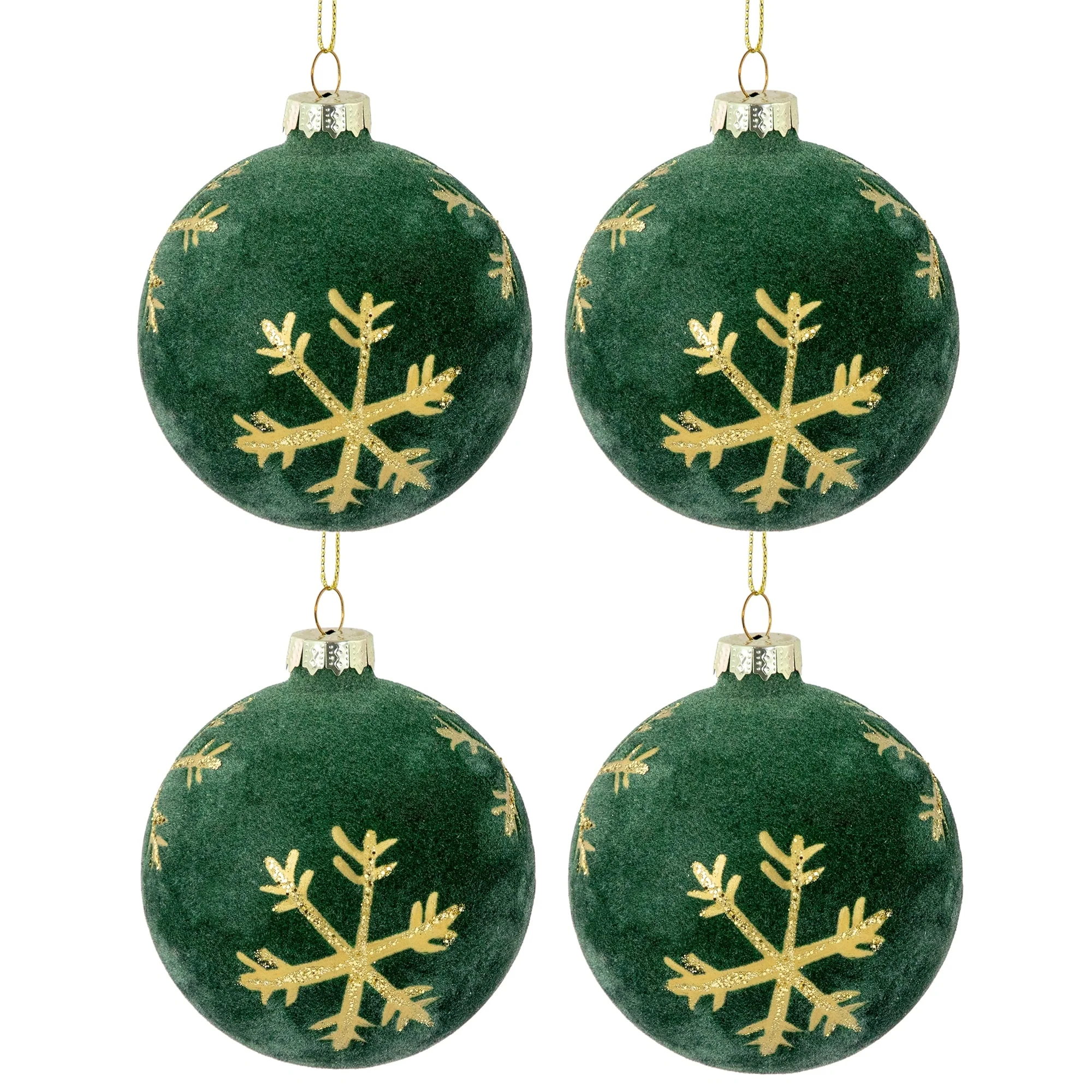 4ct Green Flocked Glass Ball Christmas Ornaments Gold Snowflakes 3