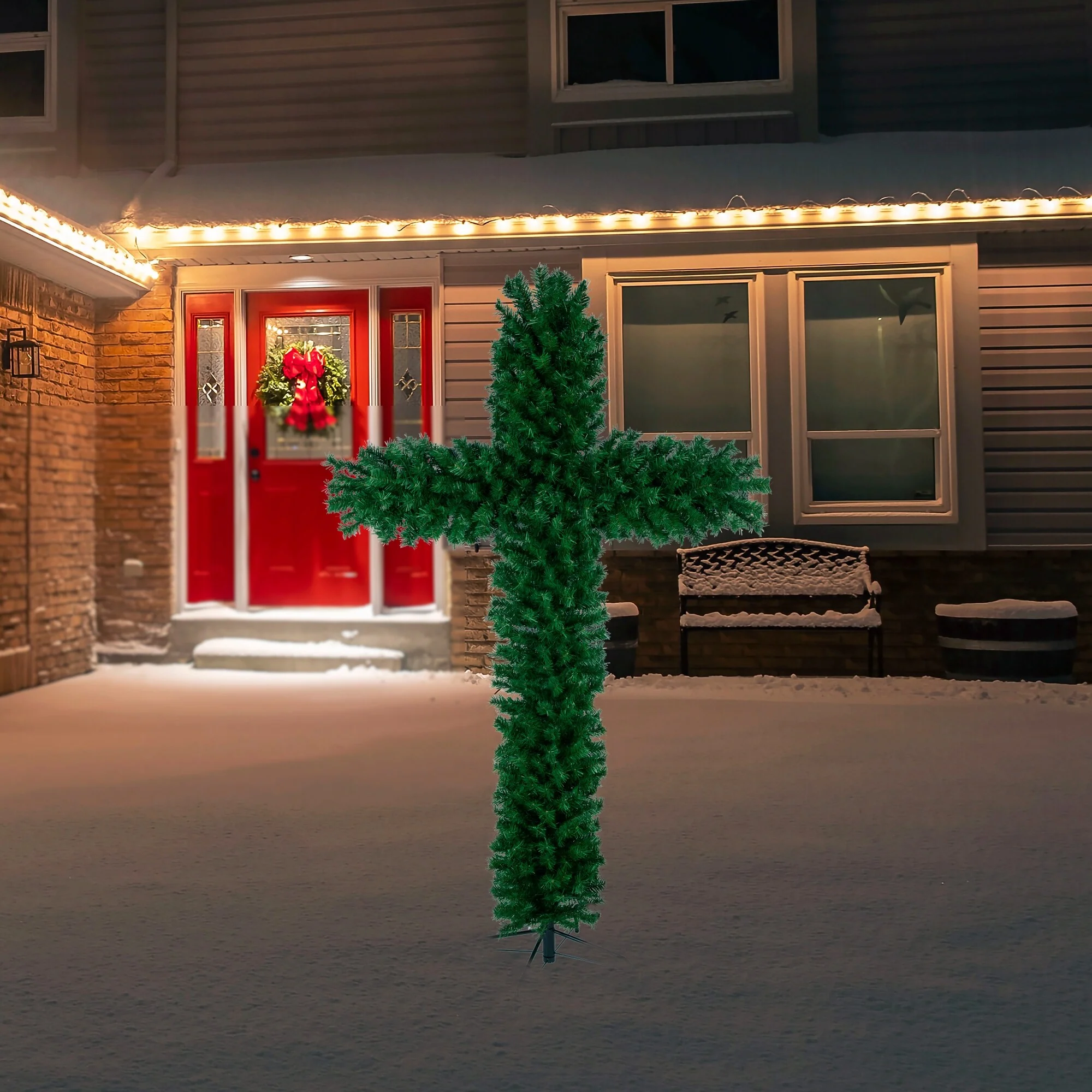 7' Artificial Pine Christmas Cross, Unlit