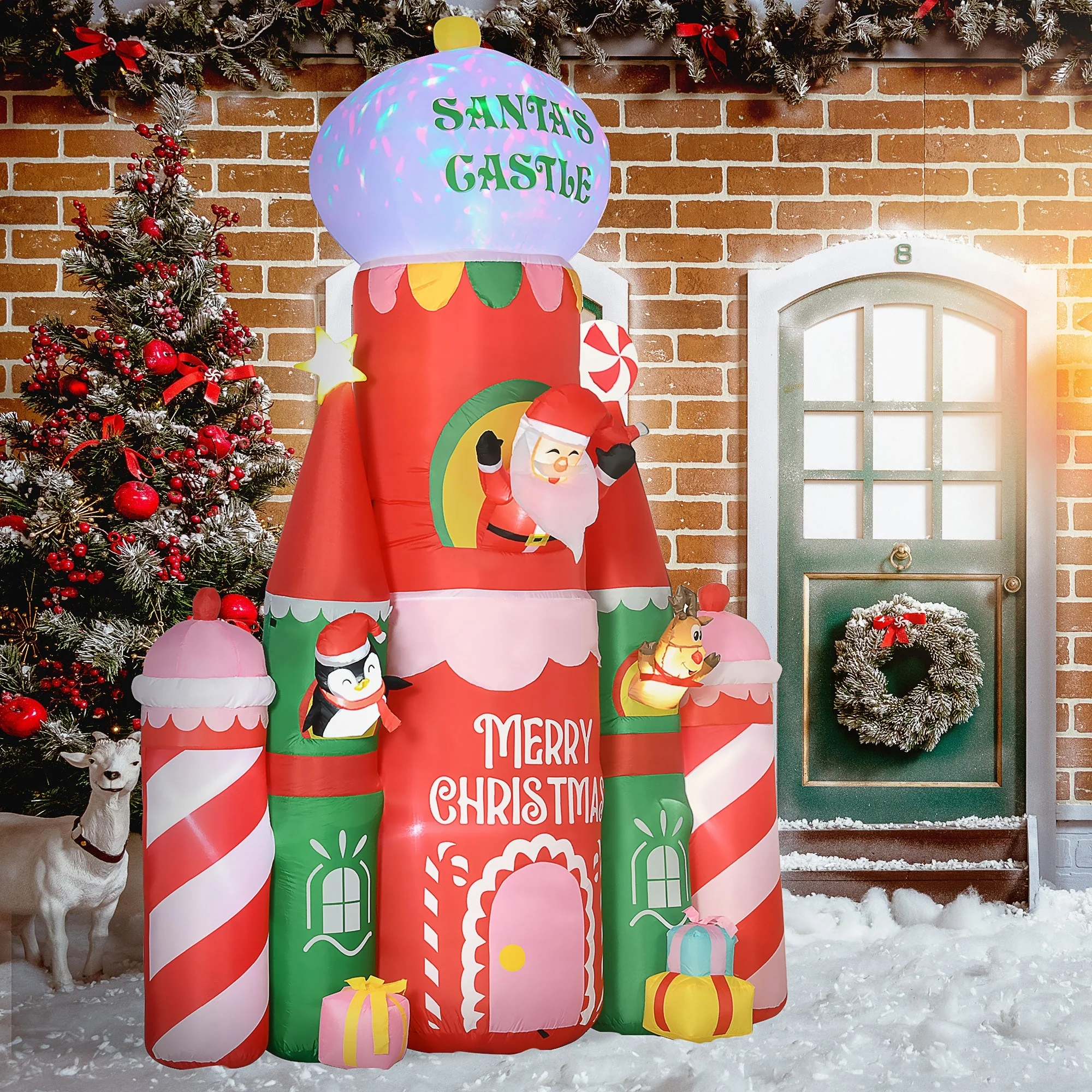 HOMCOM Giant 10ft Christmas Inflatables Decorations Candy Castle and Santa Claus with Colorful LED Light