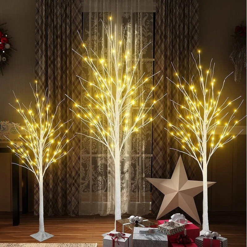 3 Piece Pre-lit Artificial Christmas Tree Set with Warm White Lights, Twinkle LED Birch Tree for Wedding, Festival, Party