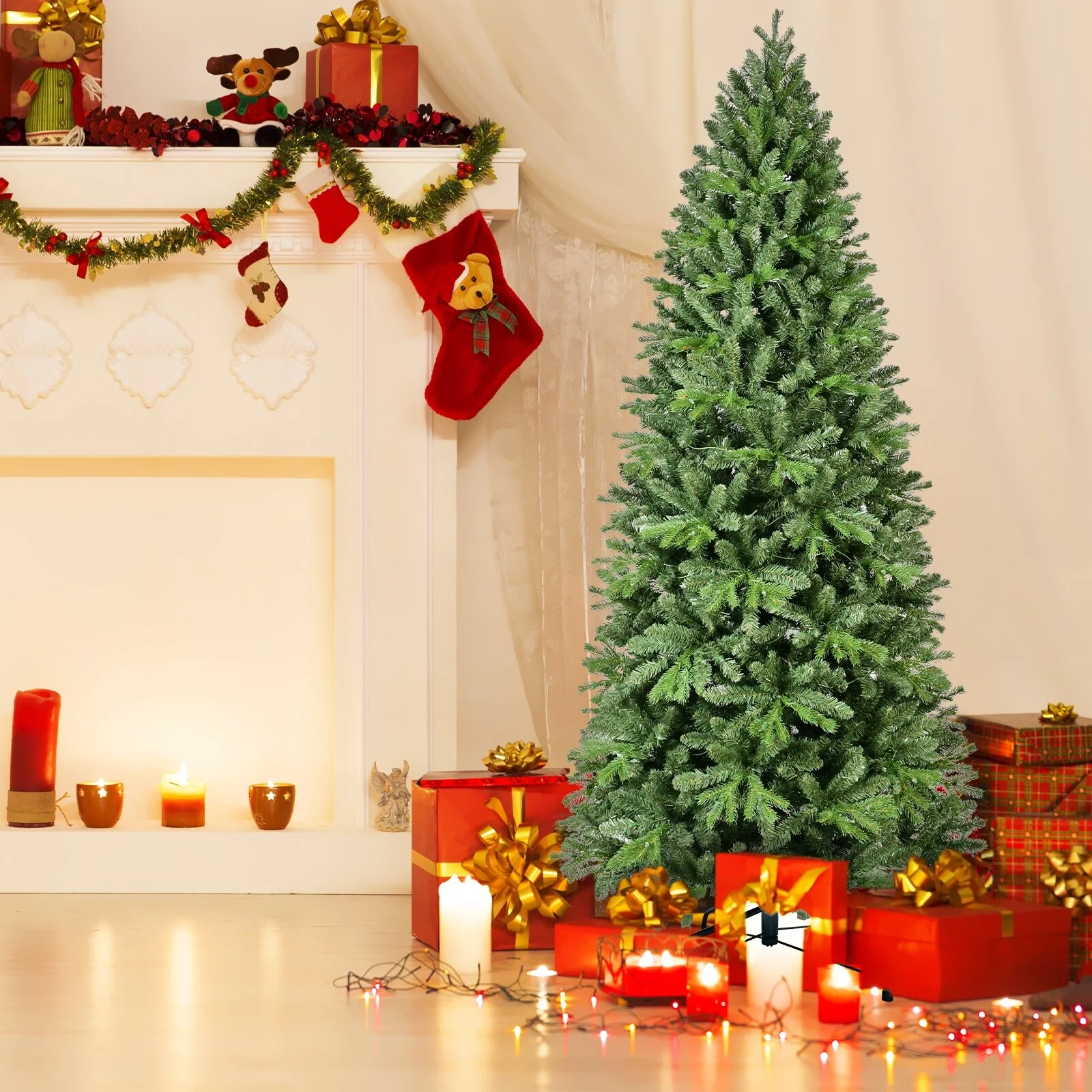 9FT Artificial Christmas Tree with 700 Warm White Lights, Slim Design, Hinged Branches & Foldable Base