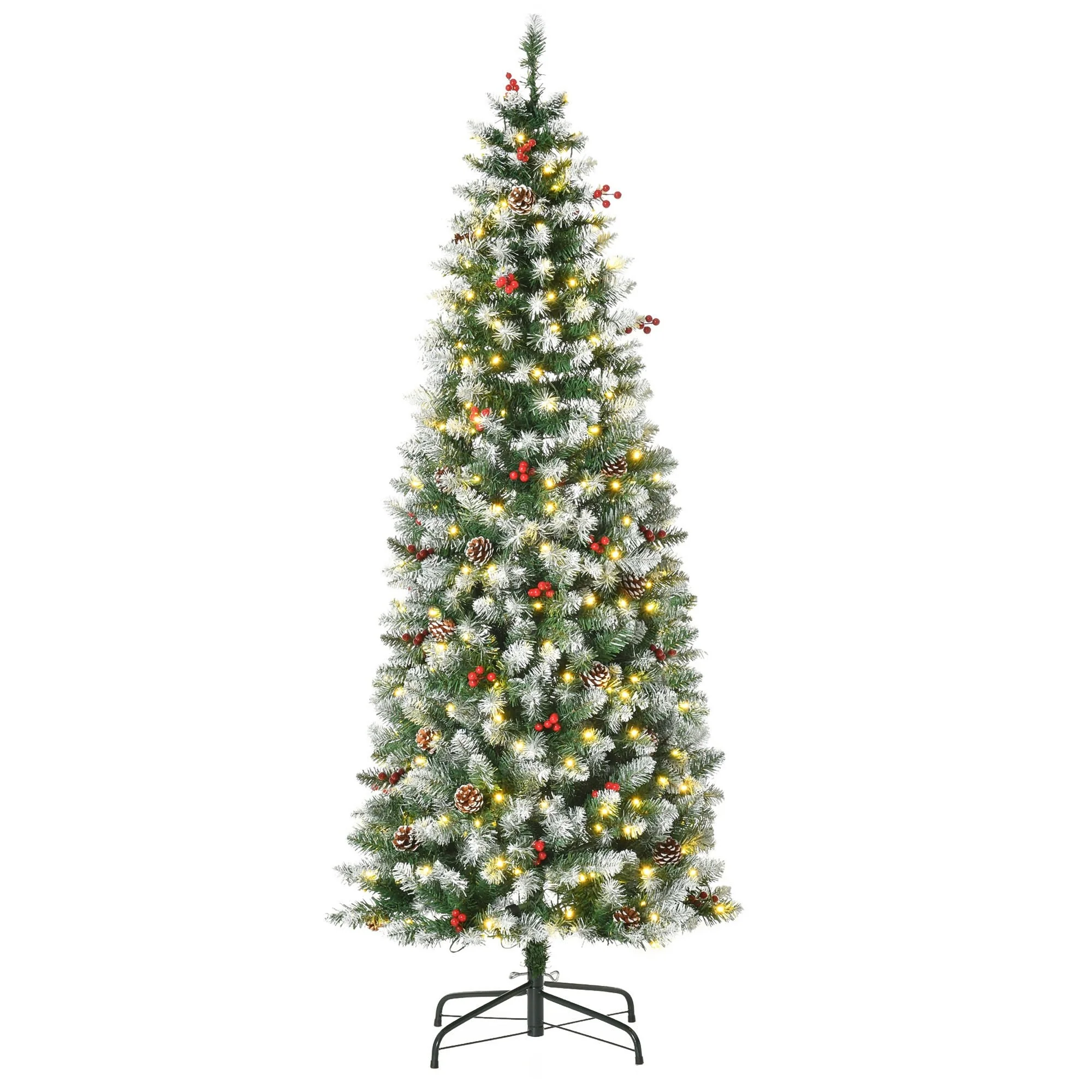 6ft Pre-Lit Snow-Flocked Pine Christmas Tree, 618 Branch Tips, 300 LED Lights, Metal Stand