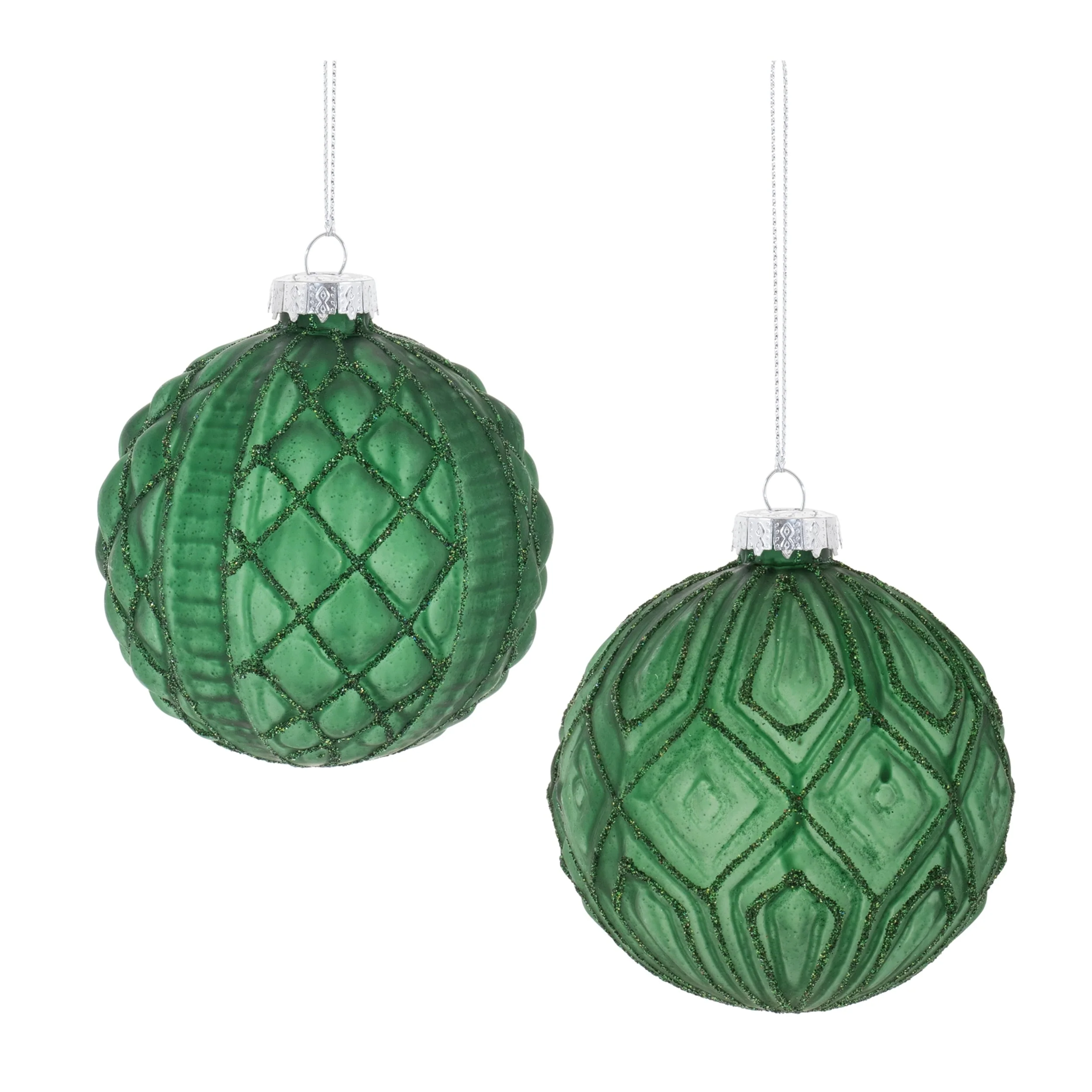 Green Glass Frosted Geometric Ball Ornaments Set of 12 with Glittered Finish - 3” x 3” x 3” (L x W x H)