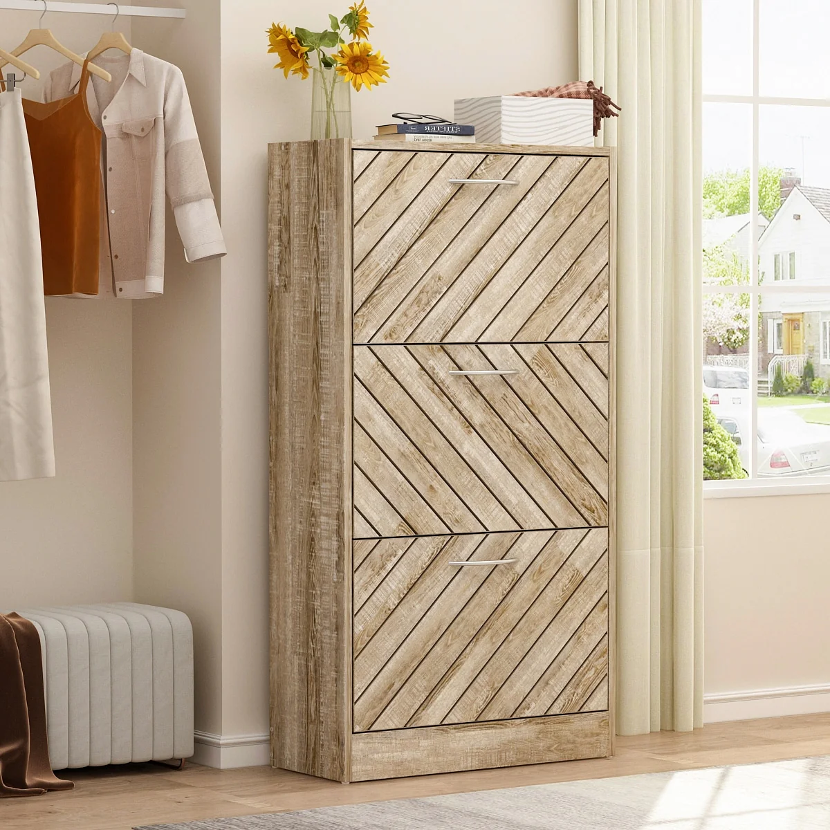 FUFU&GAGA Freestanding 3 Flip Drawers Shoe Cabinet Storage Organizer