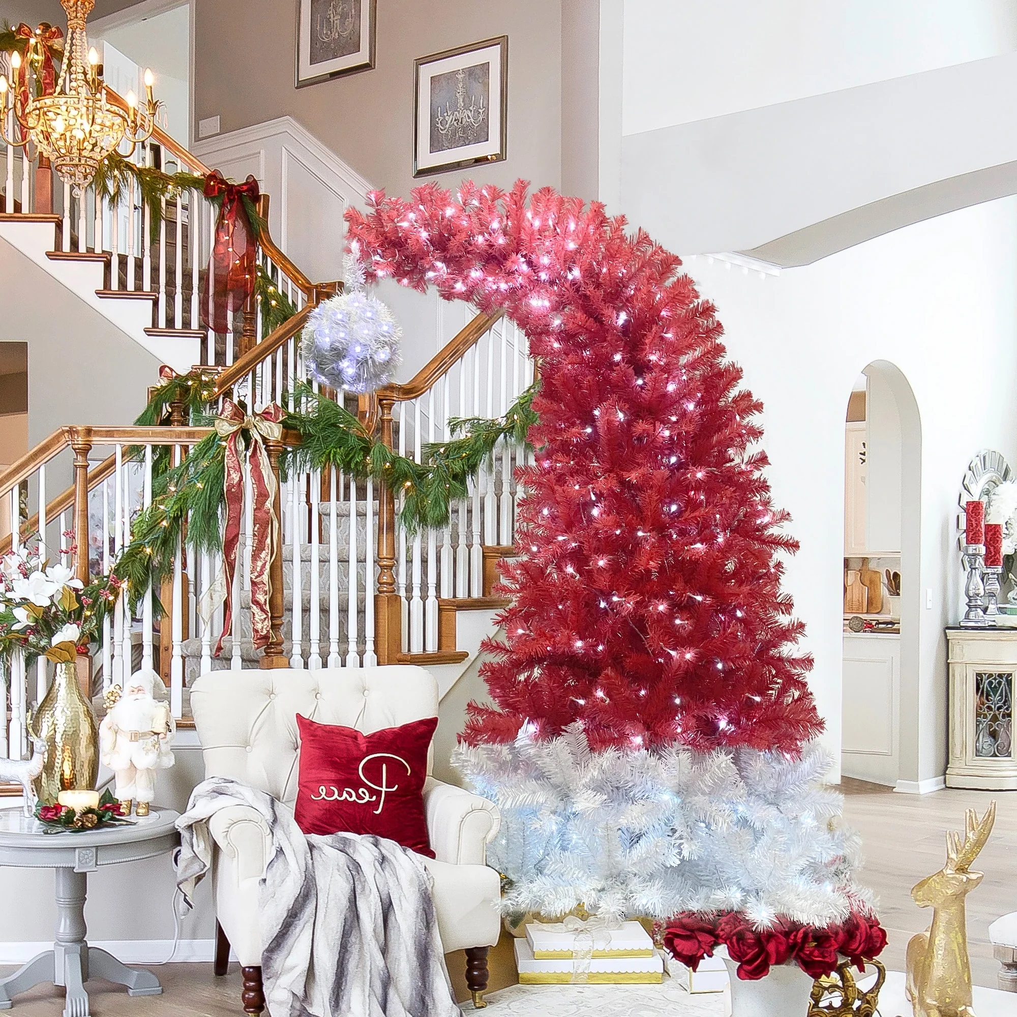 6FT Bendable Santa Hat Christmas Tree, Prelit with 300 LED Lights, Festive Red & White Design for Holiday Decor