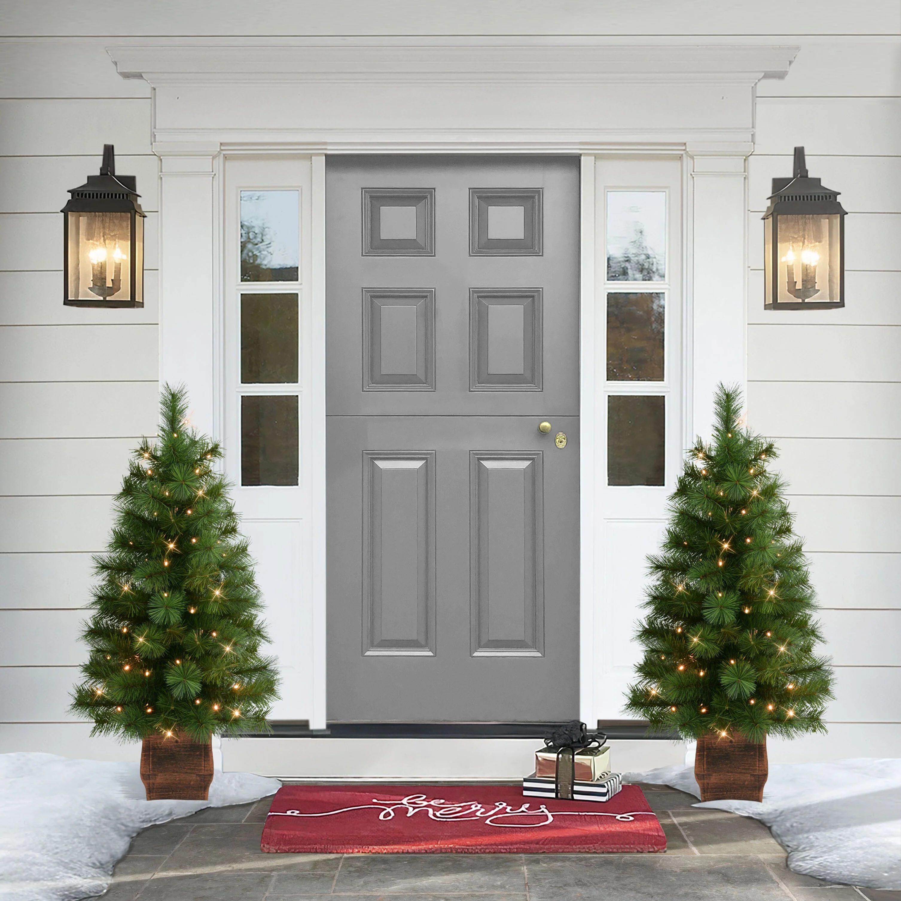 Puleo International Set of 2 Artificial Battery-Operated Pre-Lit Potted Wyoming Pine Trees