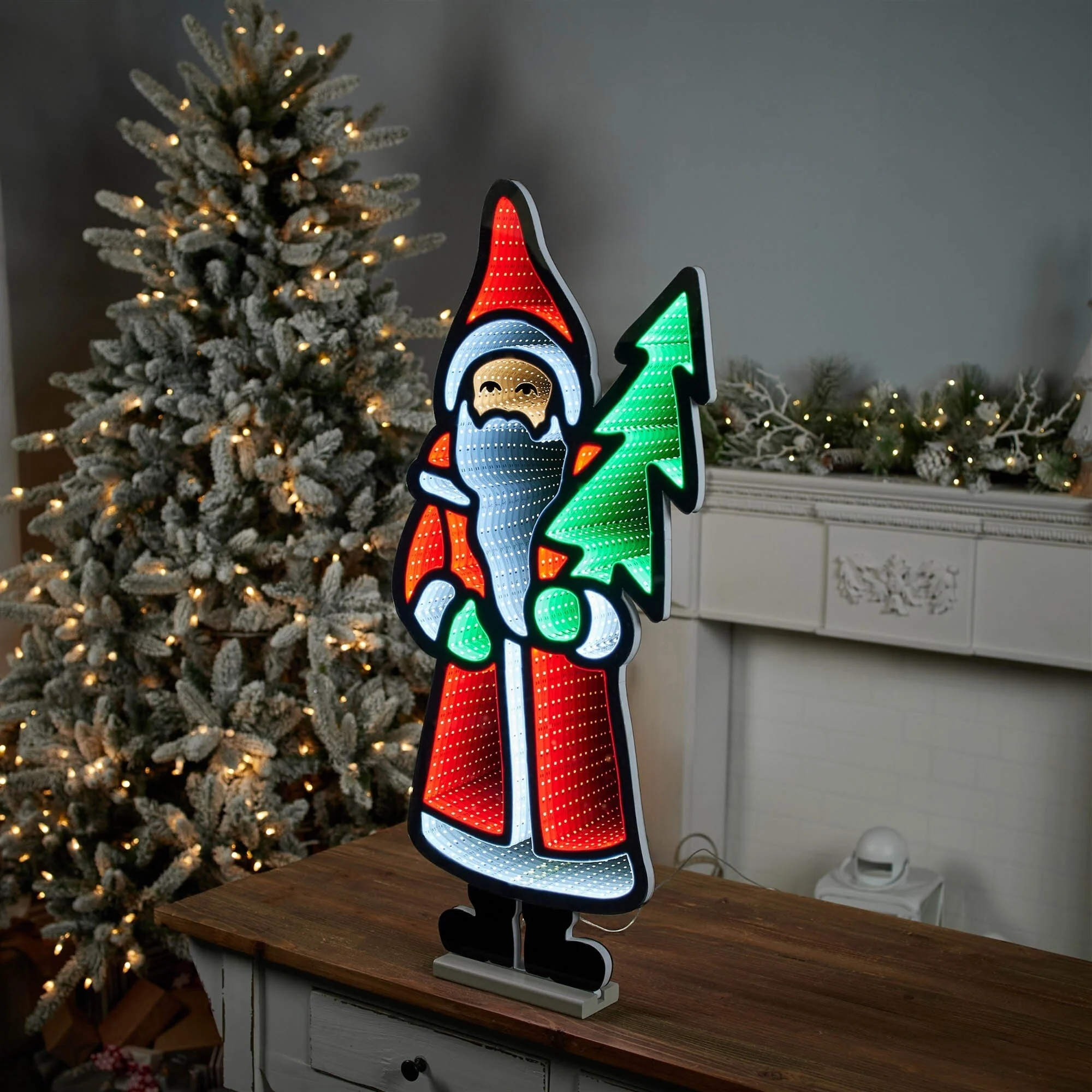 LED Lighted 3D Santa with Pine Tree Christmas Infinity Mirror - 34.25