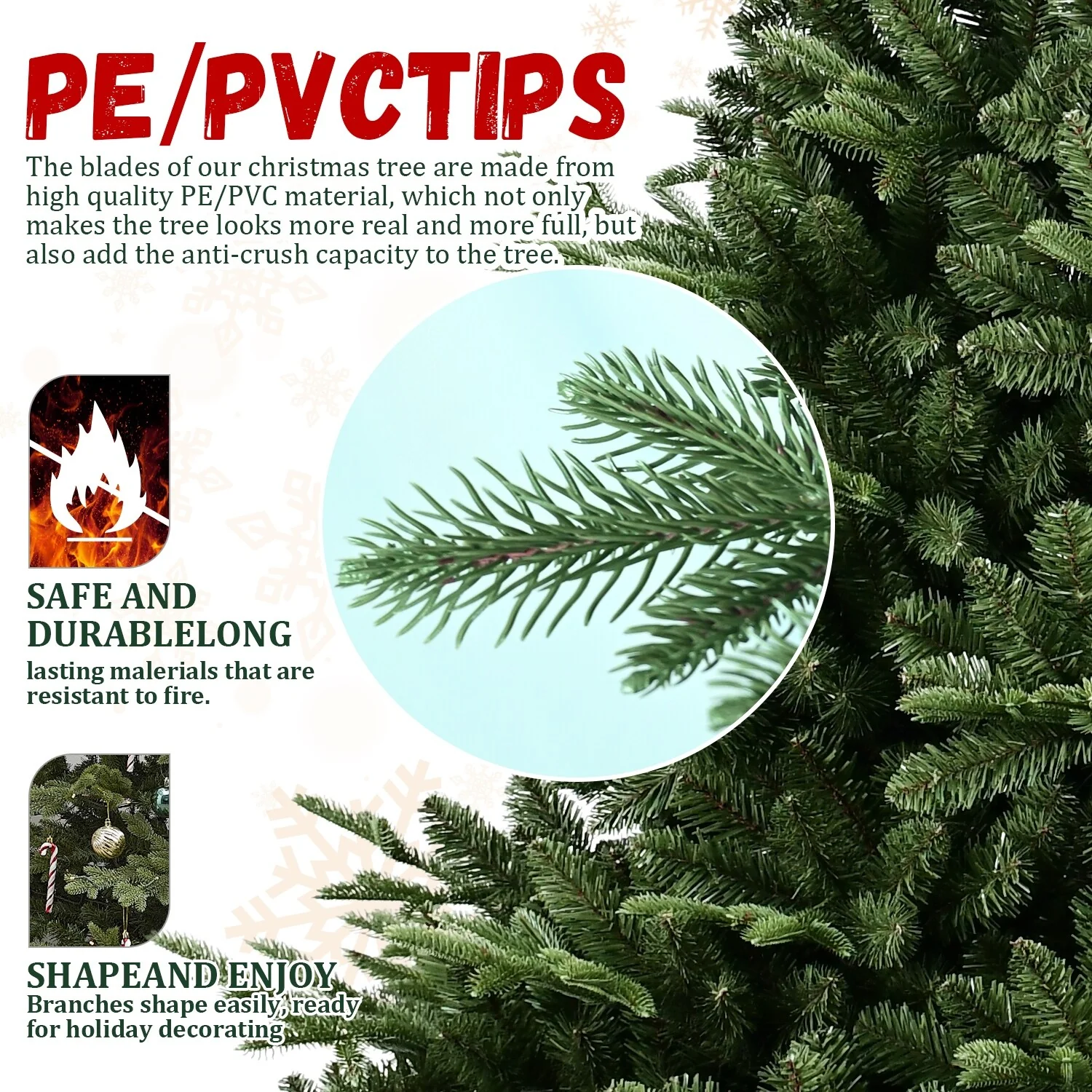 Full-Shaped 5FT Christmas Tree with 1129 Tips-PE/PVC Mixed Needles, Wide Base for Large Spaces, Hinged Structure for Easy Setup