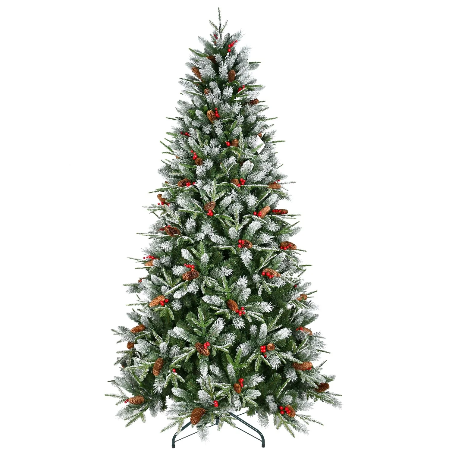 7.5ft Artificial Christmas Tree with Snow-Sprayed Leaves, Pinecones, and Red Berries for Festive Décor